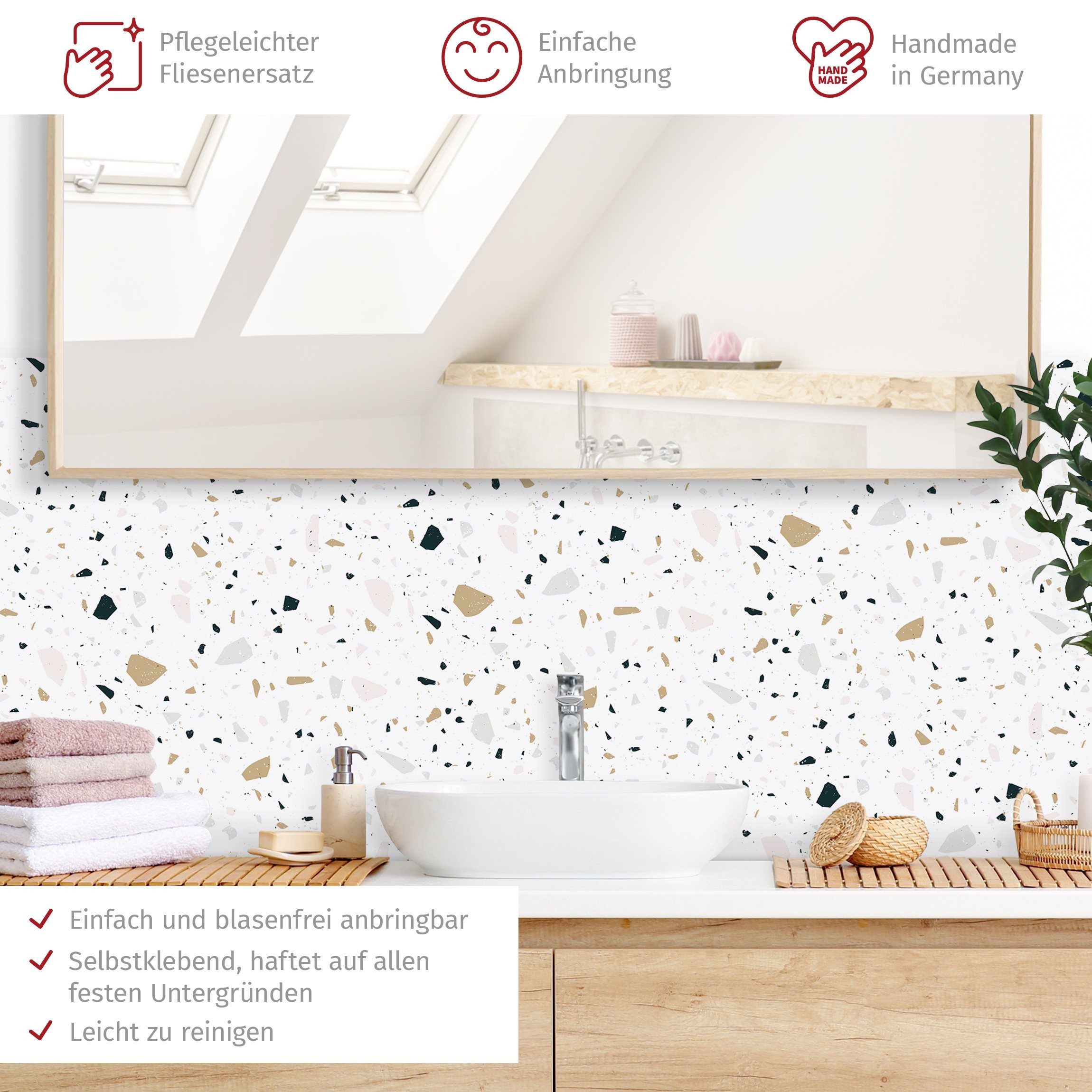 Bilderdepot24 Badrückwand pastell fugenlose Wandverkleidung Bad Vintage, (Hartfolie matt » Selbstklebend SMART 0,35 mm), wasserfestes Wandpaneel Detailliertes Terrazzo Muster San Remo
