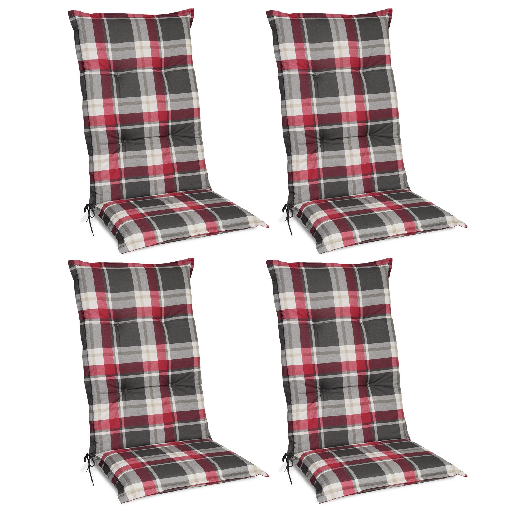 Beautissu Hochlehnerauflage 4er Set Hochlehner Auflagen Set 120x50 cm Polster Rot Kariert, 6cm Dicke Polsterauflage rutschfest UV-Lichtecht 5 Stuhlkissen