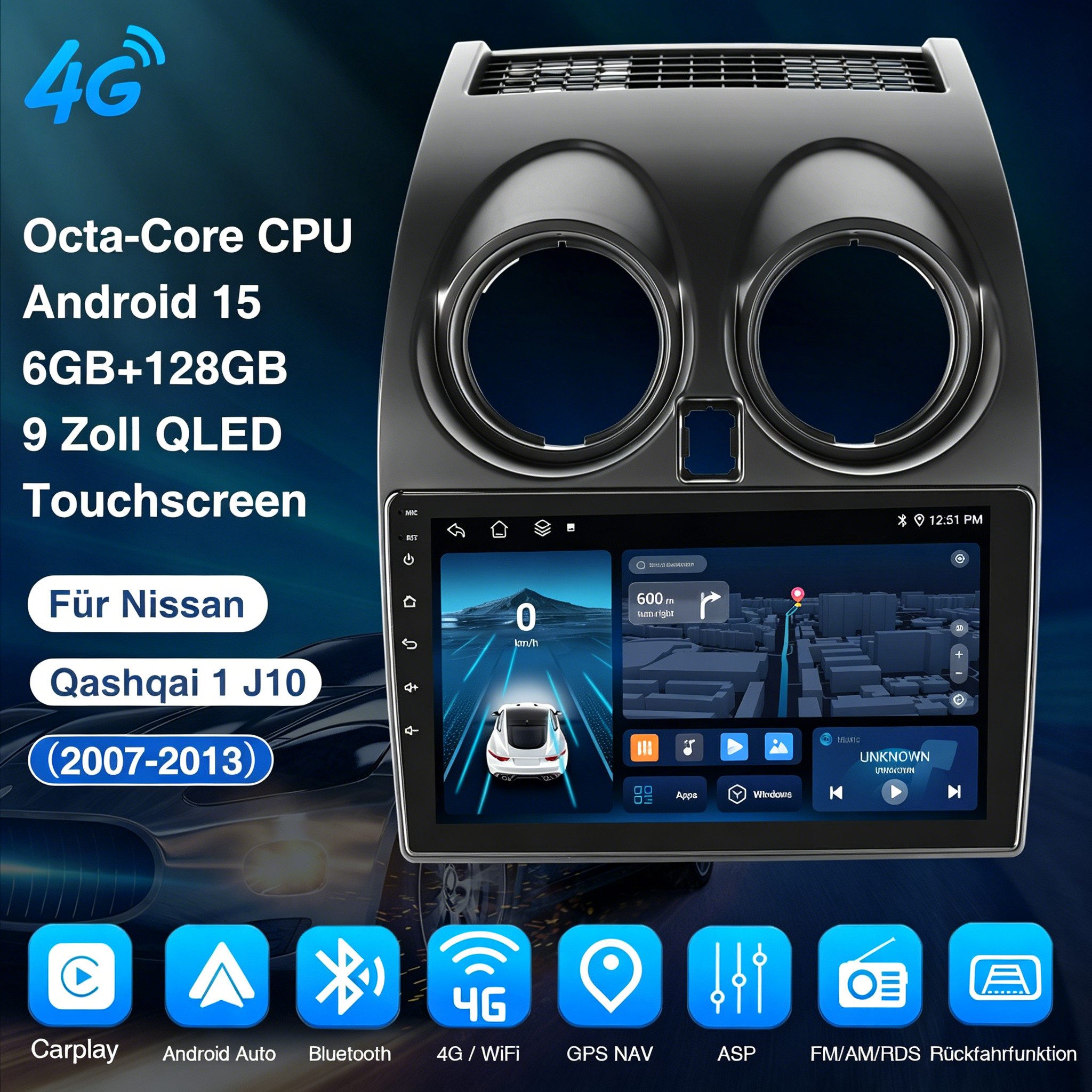 ESSGOO DAB+ Android 15 Für Nissan Qashqai J10 2007-2016 Autoradio 6+128G Autoradio (6GB+128GB, RDS, 4G, FM, AM, DAB+ (optional), Carplay Android Auto Bluetooth EQ USB GPS Navi WIFI Touchscreen)