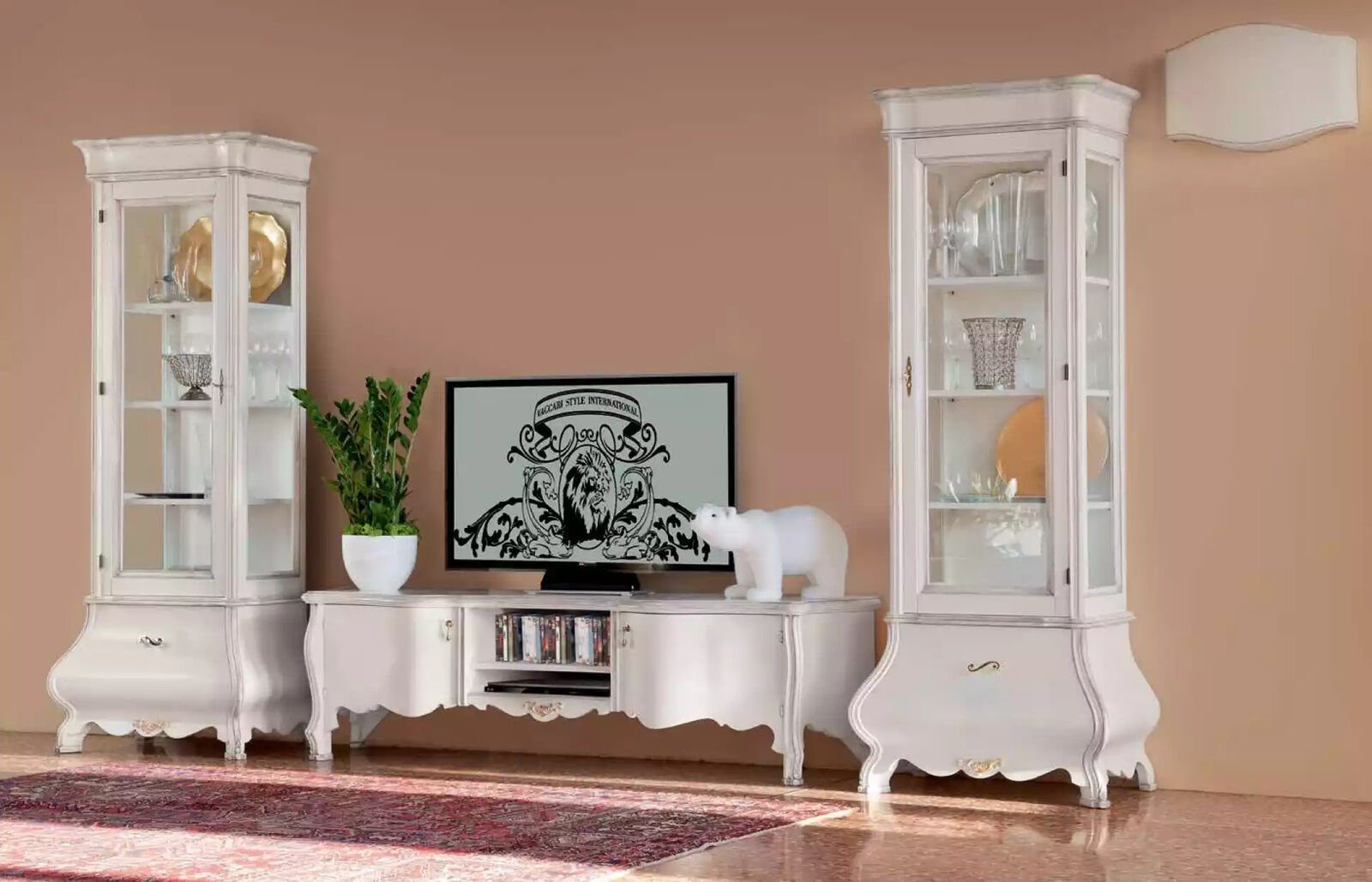 JVmoebel Wohnzimmer-Set Weiße Wohnzimmer Wohnwand Möbel 2x Vitrinen TV-Ständer Klassisch, (3-St., TV-Ständer + 2x Vitrine), Made in Italy