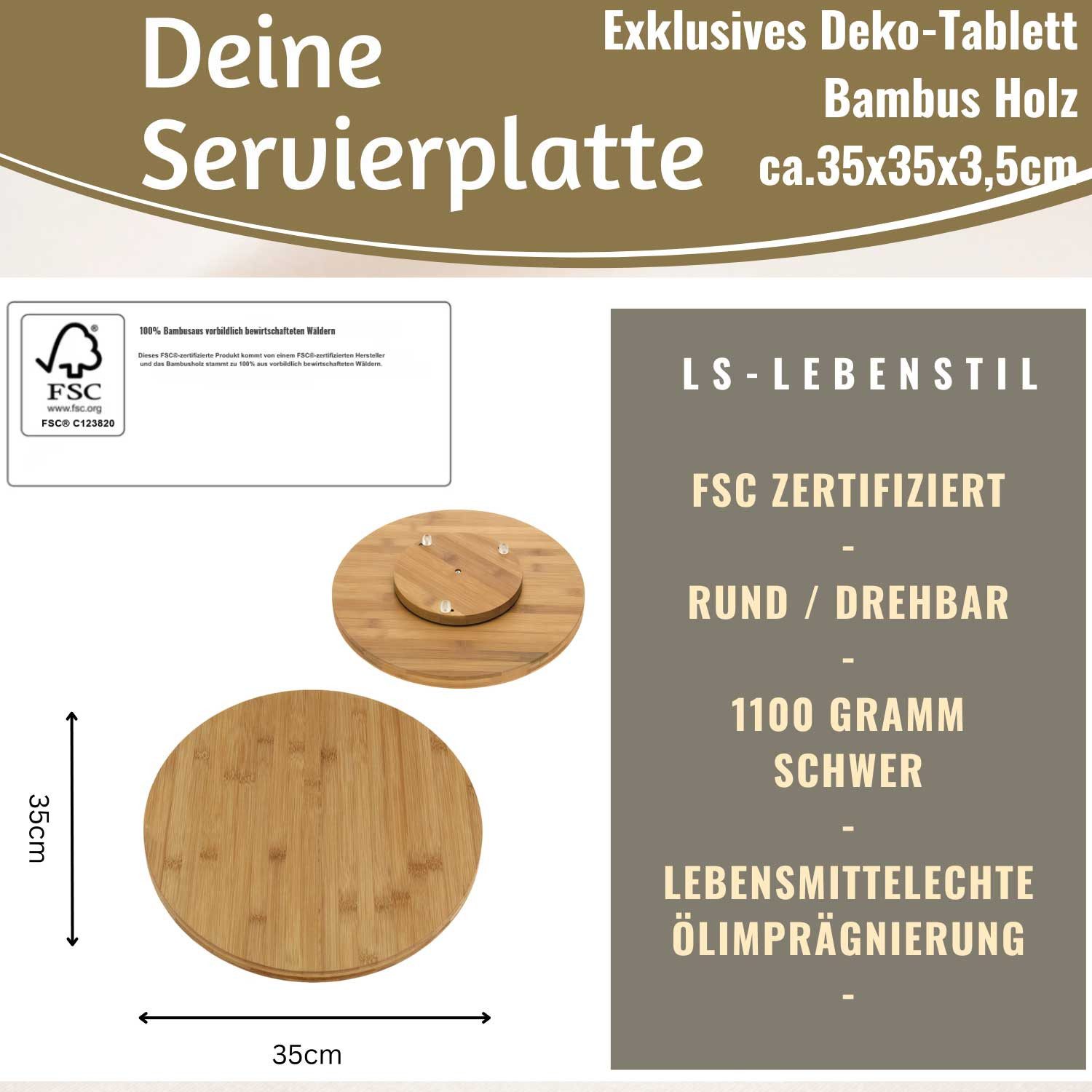 LS-LebenStil Servierteller XL Holz Drehteller 35cm Bambus drehbar Servierbrett Drehtablett, Holz, (FSC zertifiziert, Servierteller Servierplatte Serviertablett, – Bild 2 von 5