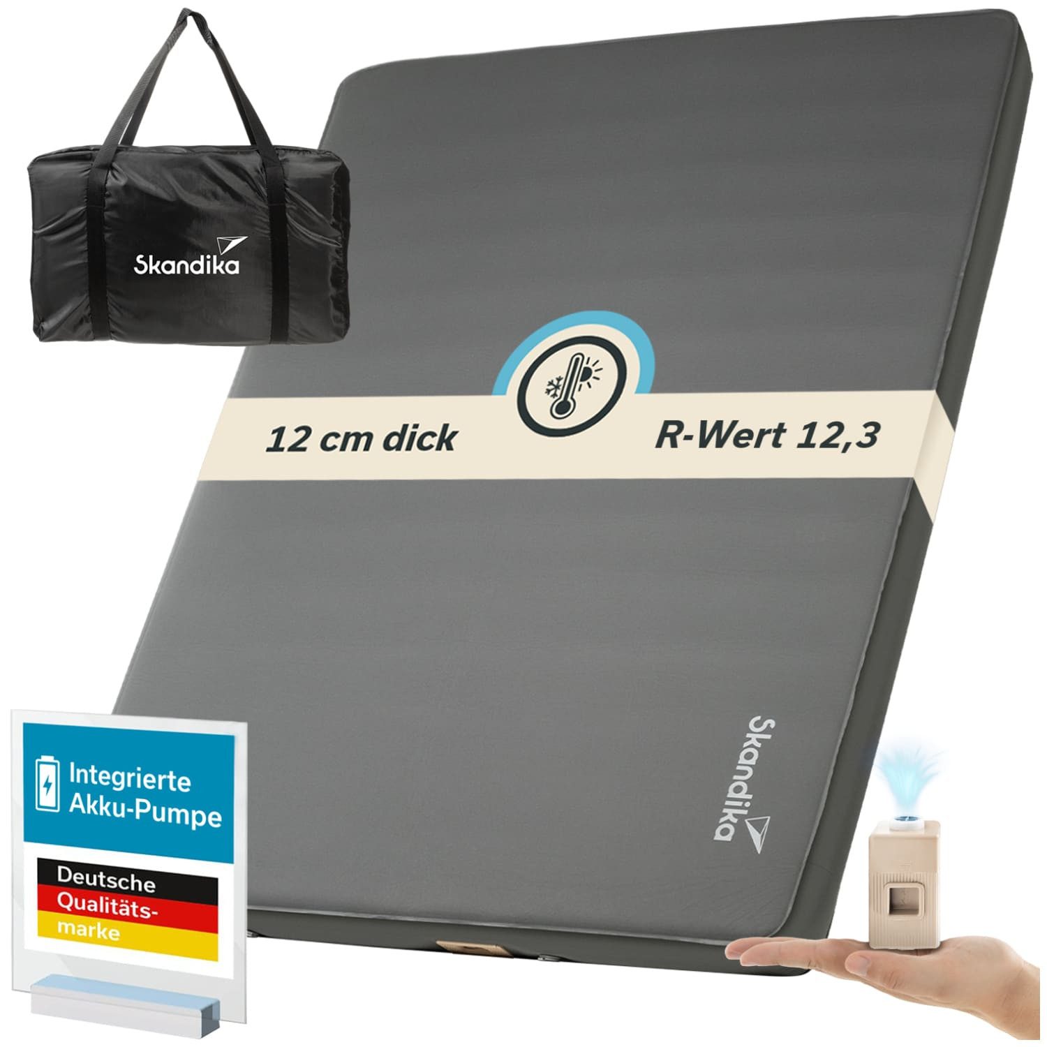 Skandika Luftmatratze Doppel-Isomatte Easy 3D Premium Flex, 2 Personen, inklusive USB-Pumpe, Maße 200×150×12cm, Max Gewicht 300 kg, Integrierte Pumpe, Tragetasche