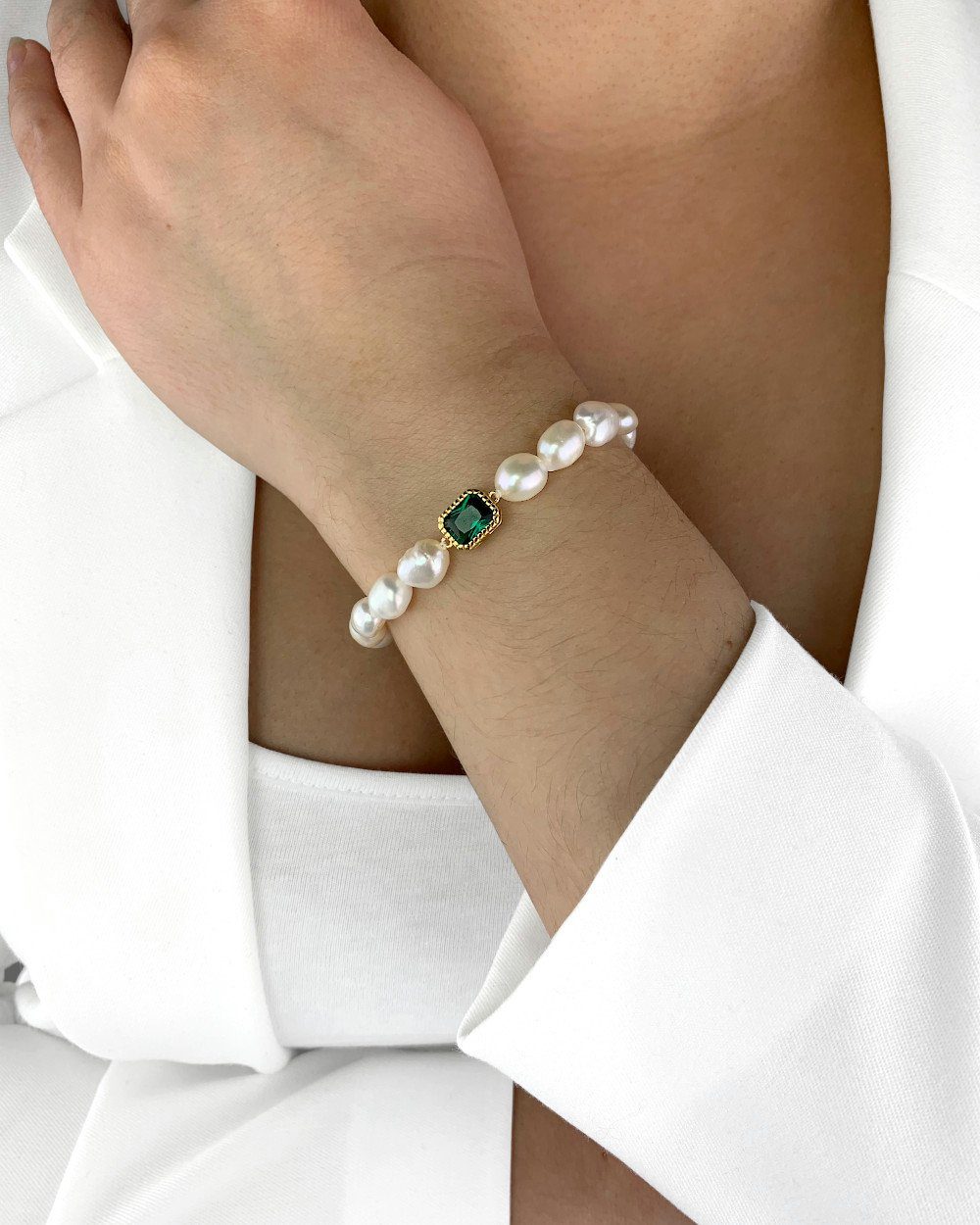 DANIEL CLIFFORD Perlenarmband 'Ellen' Damen Armband Perlen Silber 925 vergoldet 18k Gold (inkl. Schmuckbox), Süßwasserzucht & Zirkonia Kristall grün, Knebel-Verschluss