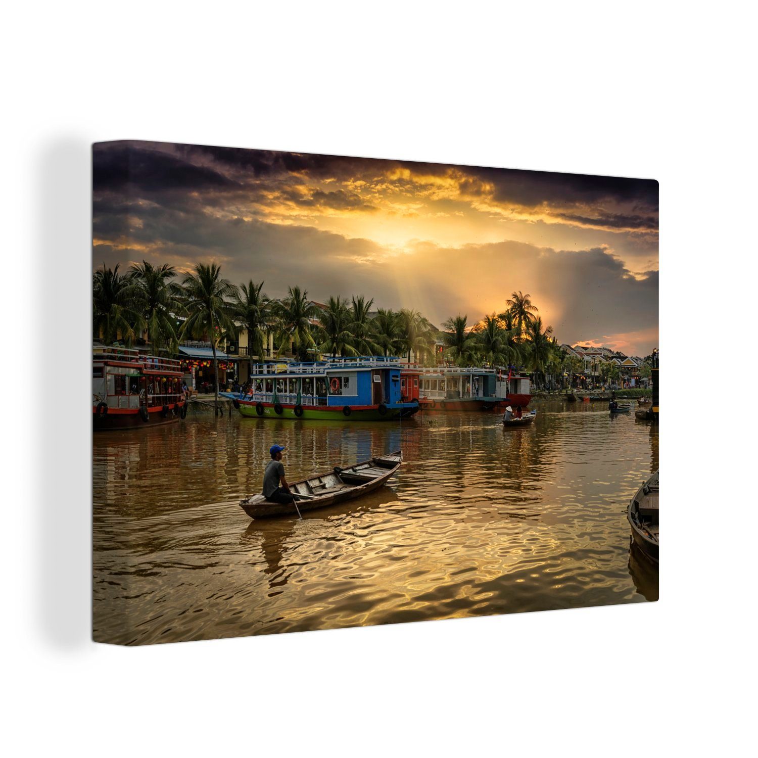 OneMillionCanvasses® Leinwandbild Boot auf dem Thu-Bon-Fluss in Hoi An in Vietnam, (1 St), Wandbild Leinwandbilder, Aufhängefertig, Wanddeko, 30x20 cm