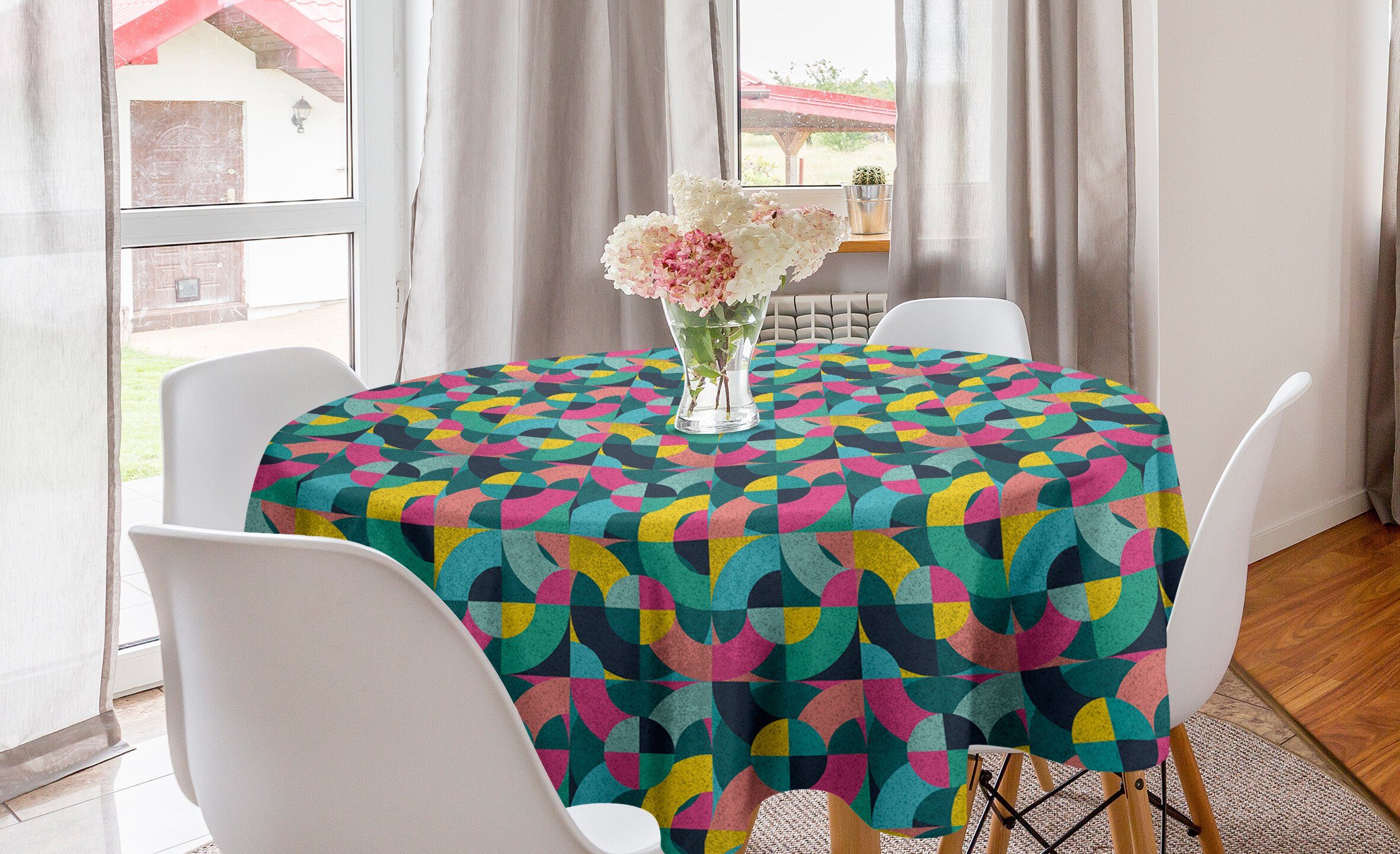 Abakuhaus Küche für Geometrisch Dekoration, Tischdecke Stripes Kreis Esszimmer Halbbogen Abdeckung geformt Tischdecke