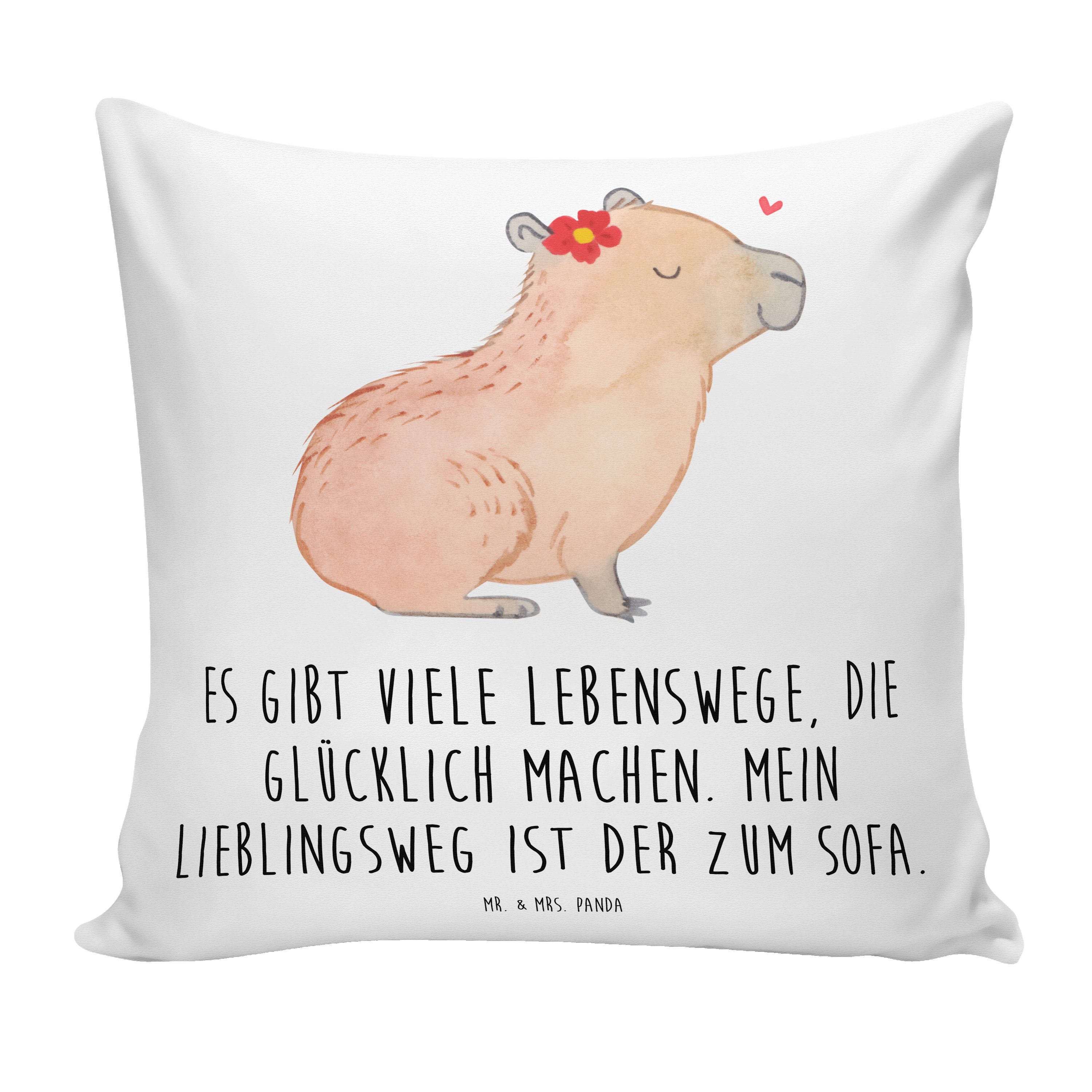 Mr. & Mrs. Panda Dekokissen Capybara Blume - Weiß - Geschenk, Kopfkissen, Sofakissen, Kissenhülle