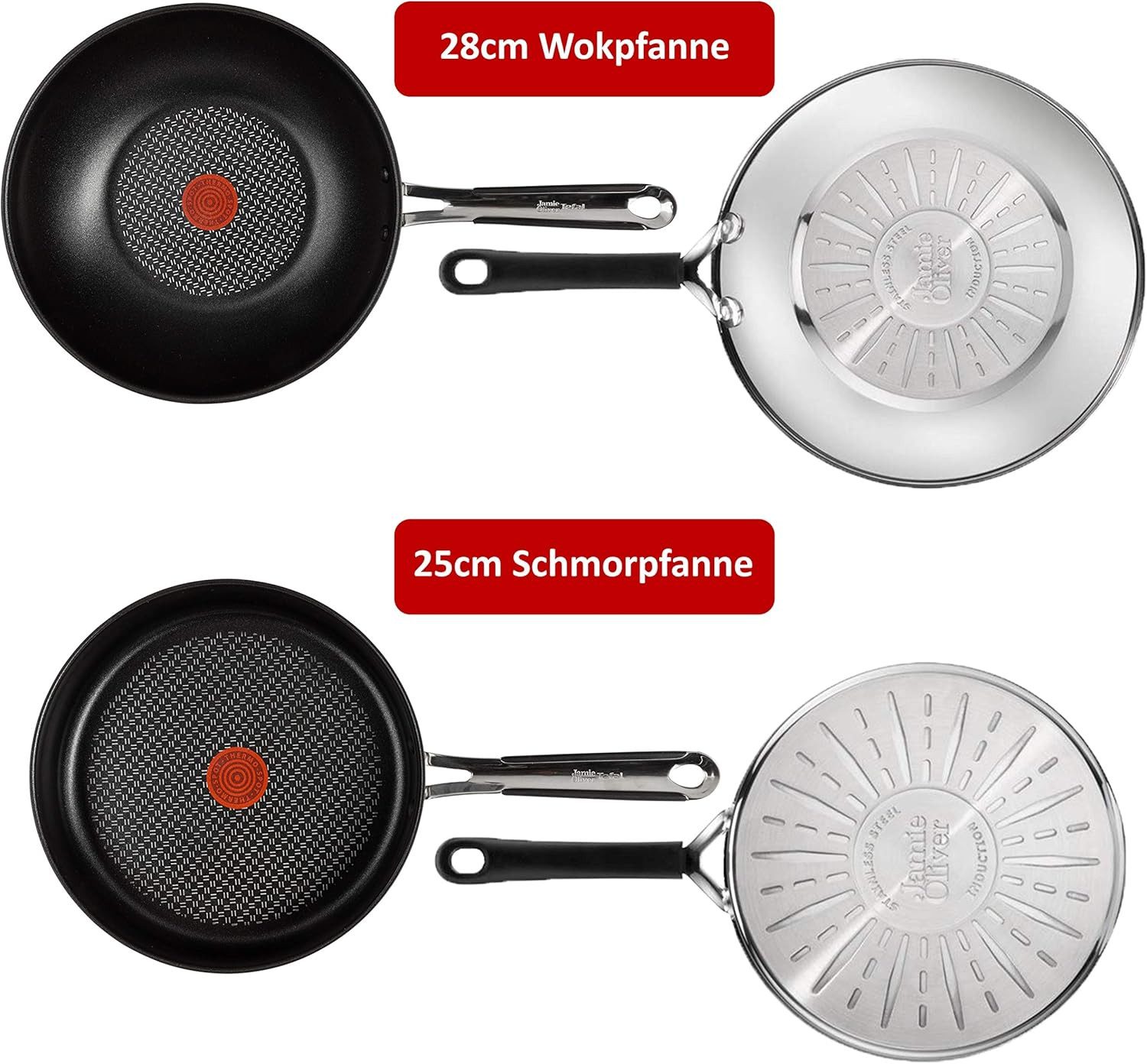 Tefal Pfannen-Set Jamie Oliver E76 Schmorpfanne mit Deckel 25cm + Wok pfanne 28cm Set8, Edelstahl 18/10 (Pfanne, Bratpfannen Set, Pfannenset, Wok, Wokpfanne, Sc – Bild 2 von 5