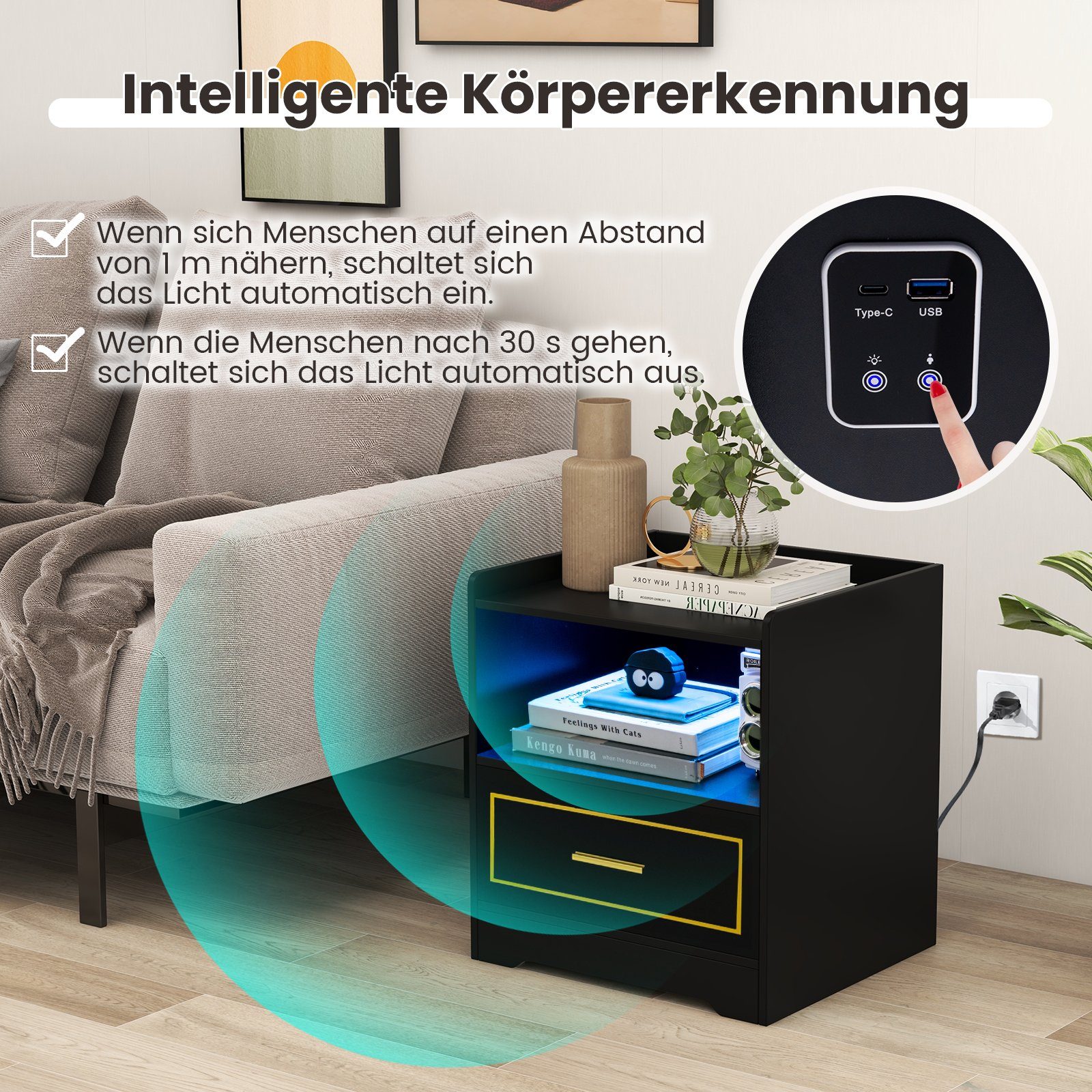 COSTWAY Nachttisch (1-St), LED, 3 Farben, mit Schublade&USB-Anschluss, Holz günstig online kaufen