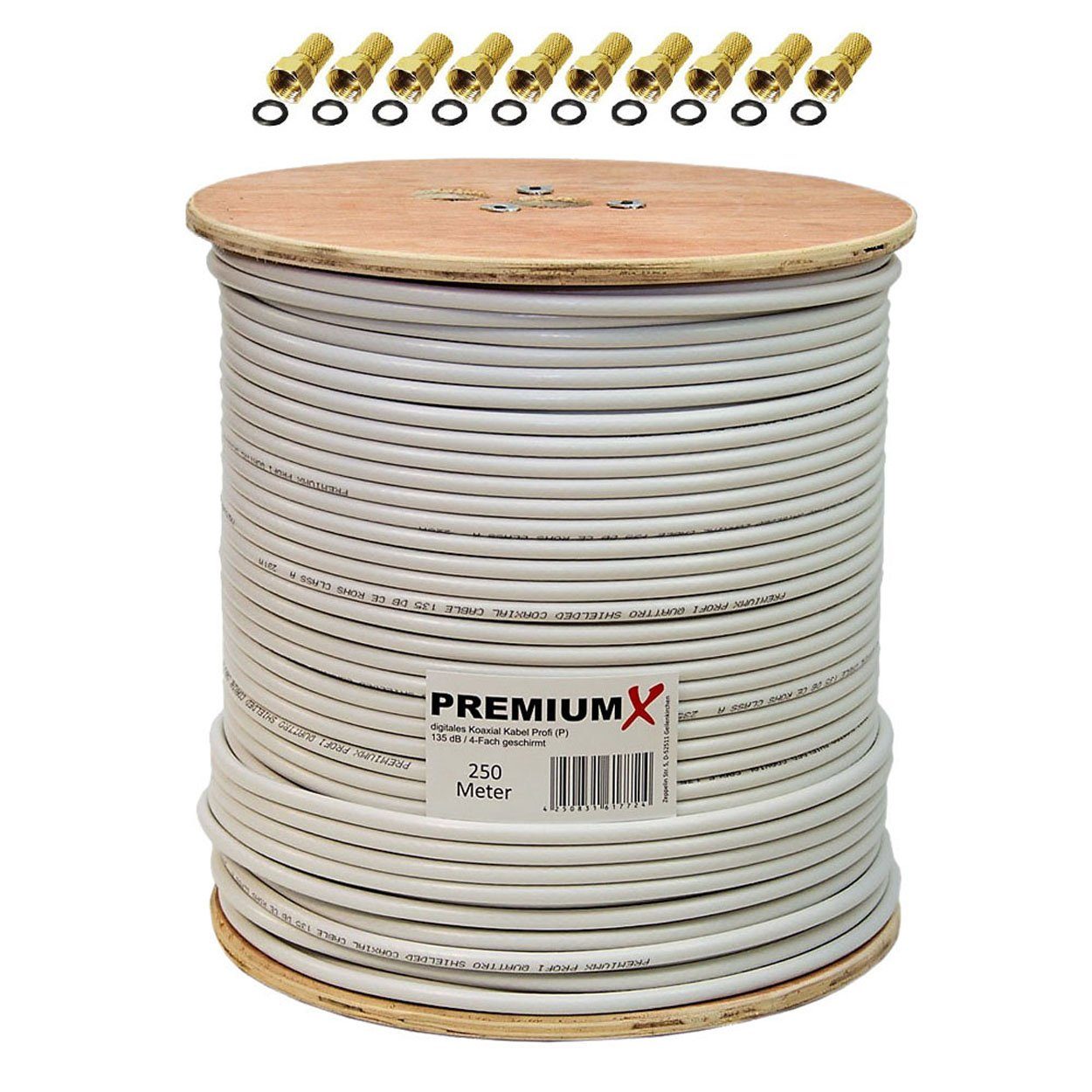 PremiumX PROFI 250 m Koaxialkabel 135 dB 4-Fach CU reines Kupfer 10x F-Stecker SAT-Kabel