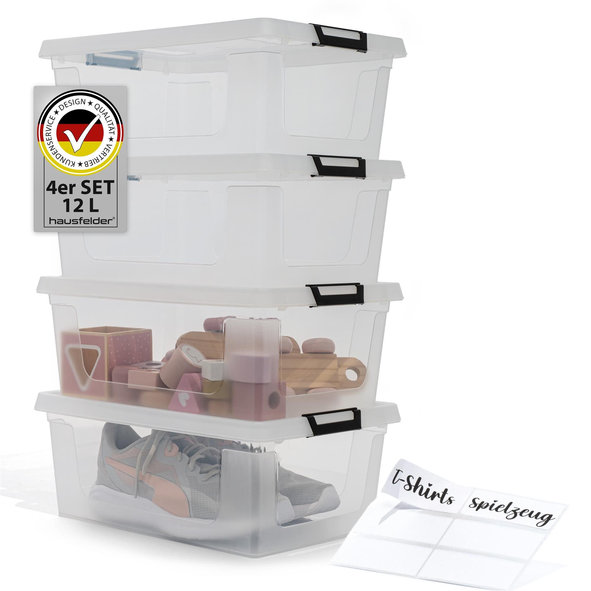 Hausfelder Aufbewahrungsbox Ordnungsboxen mit Deckel und Verschlussclips,12 l, 4 Stück (4er Set, 4 St., 4 Boxen + 4 Deckel), stapelbar, mit Klickverschluss, in drei Größen erhältlich