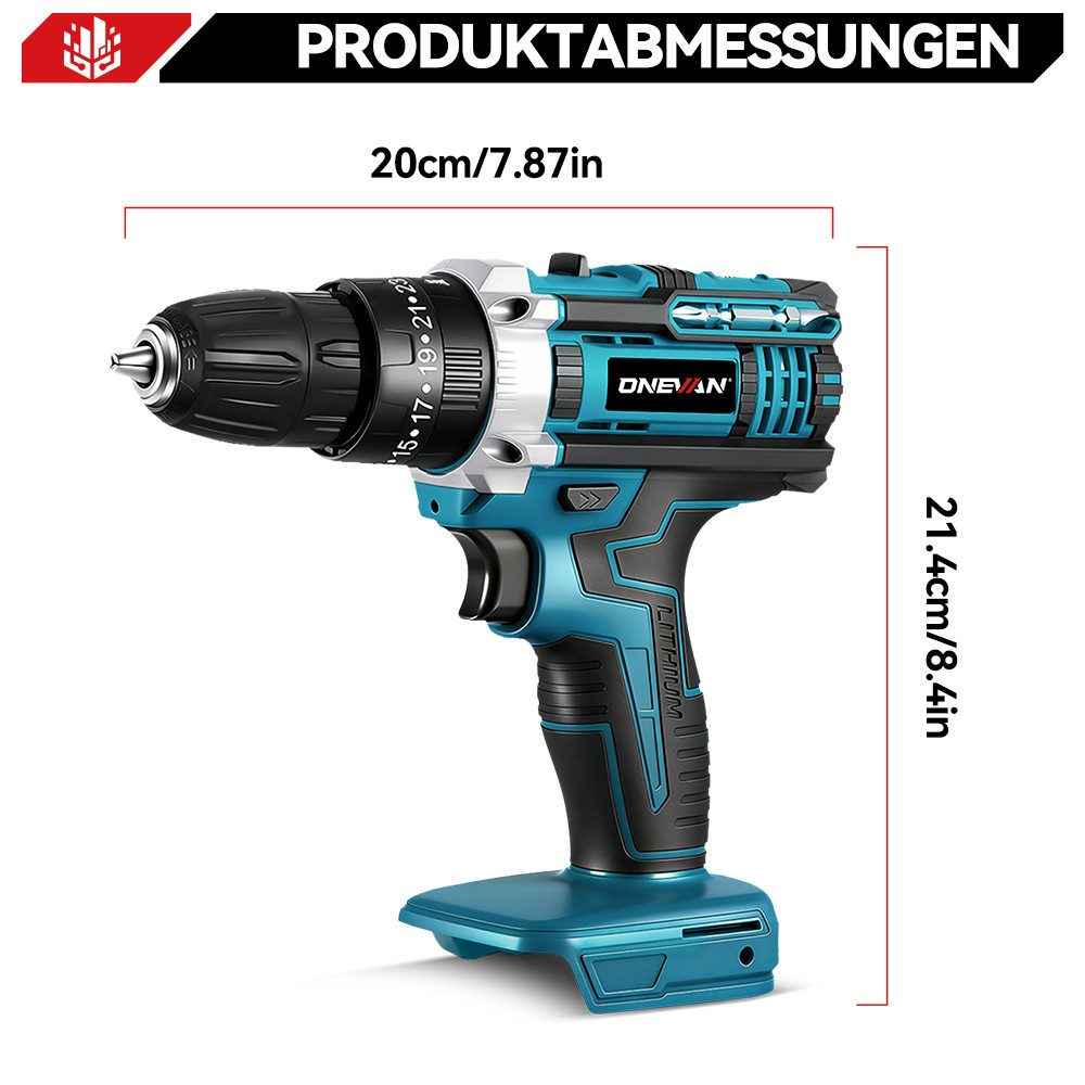 ONEVAN Akku-Bohrschrauber Akkuschrauber 21V Bohrschrauber Set, 25+1 Drehmomentstufen Akkubohrer, max. 1550 U/min, mit 2x Akkus 10mm Bohrfutter 24 Zubehör Tragetasche