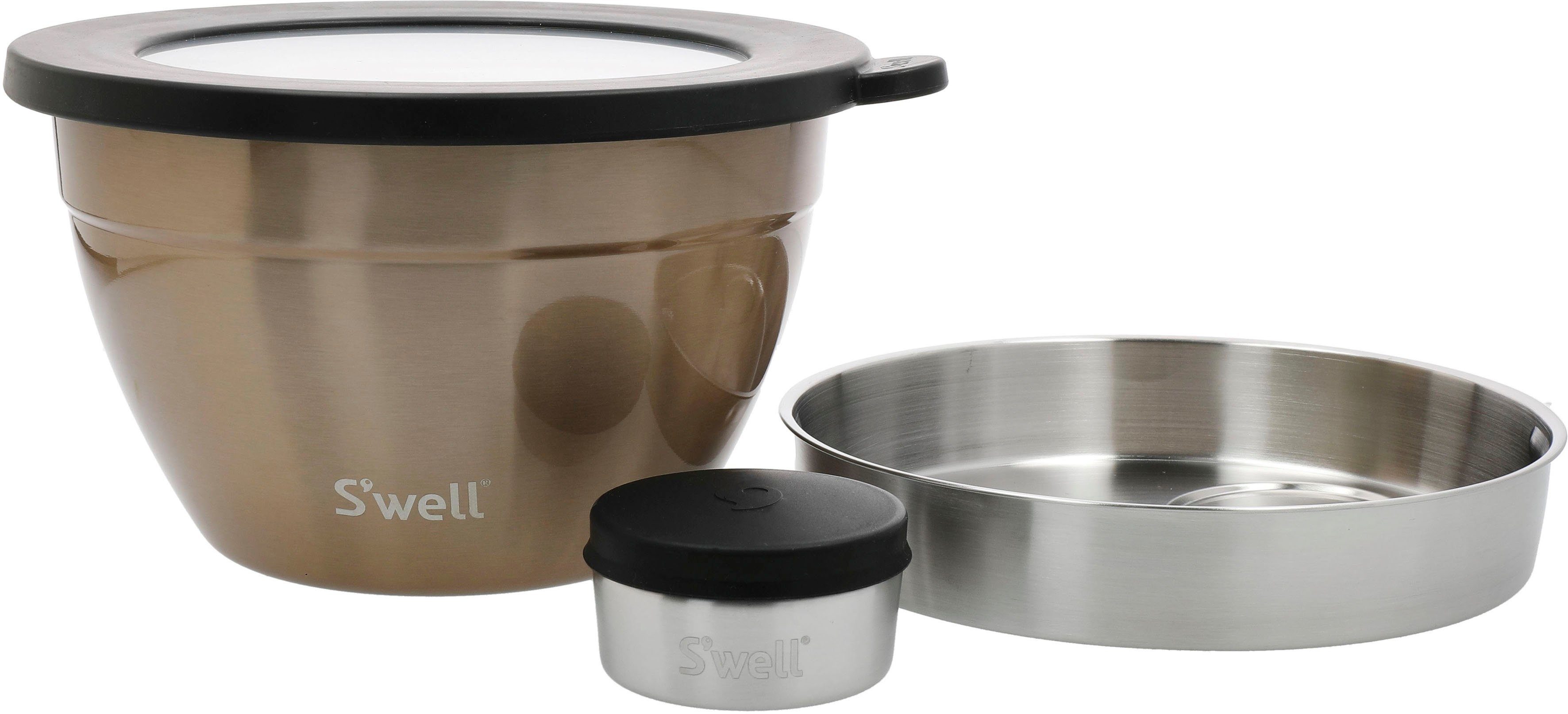 S'well Salatschüssel S'well 1.9L, Bowl Außenschale Salad Edelstahl, Calacatta (3-tlg), Kit, vakuumisolierten mit Therma-S'well®-Technologie Gold Pyrite