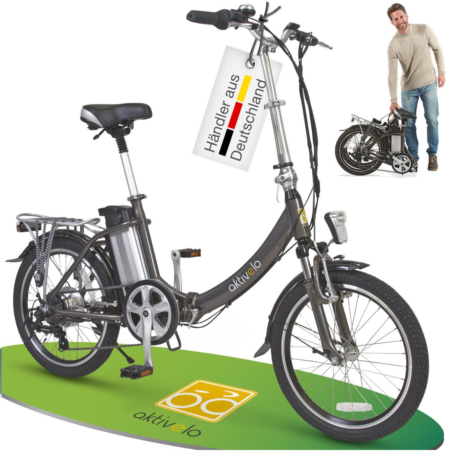 aktivelo Faltrad E-Bike Klapprad, 20 Zoll, klappbares Fahrrad für Damen und Herren, 6 Gang, Kettenschaltung, mit wartungsfreiem 250W Mittelmotor & 5 Unterstützungsstufen