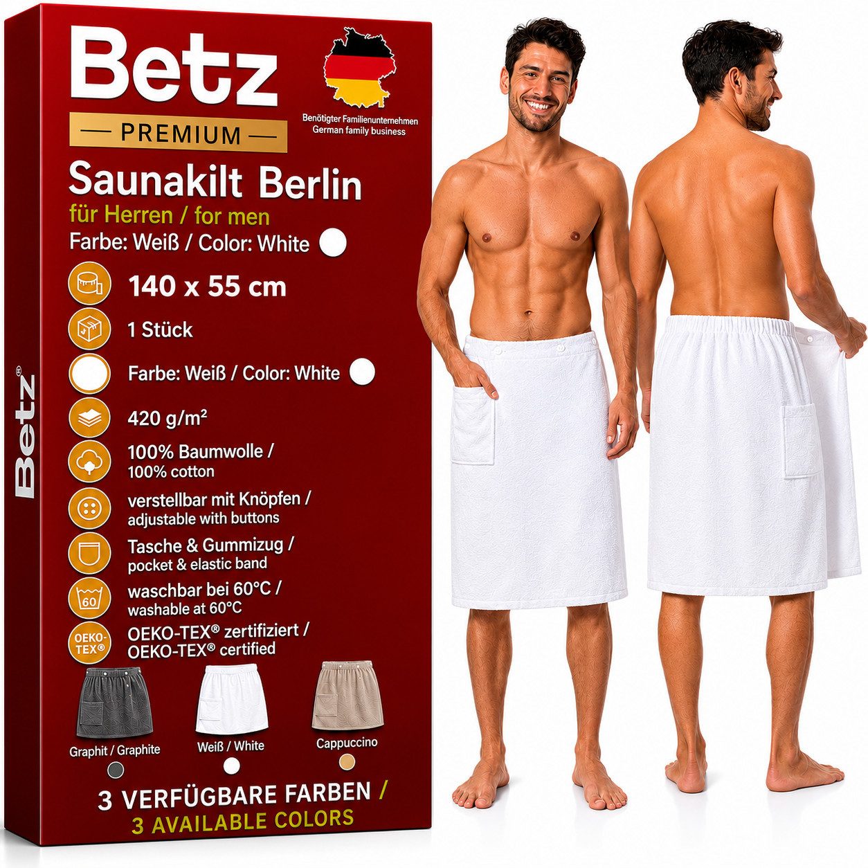 Betz Kilt Frottee Saunakilt BERLIN mit Knöpfen für Herren 420 g/m²