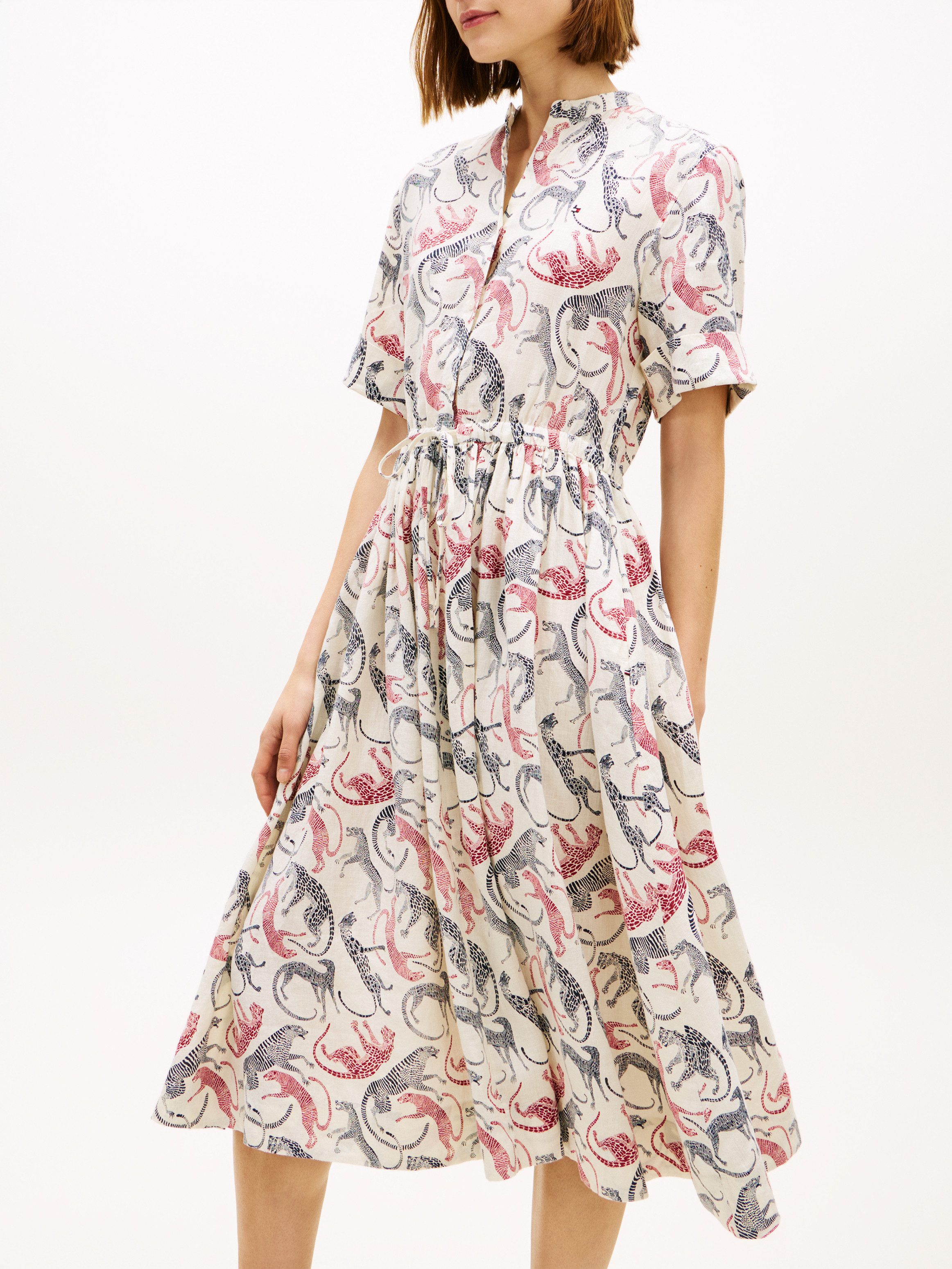 Tommy Hilfiger Sommerkleid ESS LINEN SHORT SLEEVE SHIRT DRESS in Midi-Länge, mit Taillen-Band zum Binden
