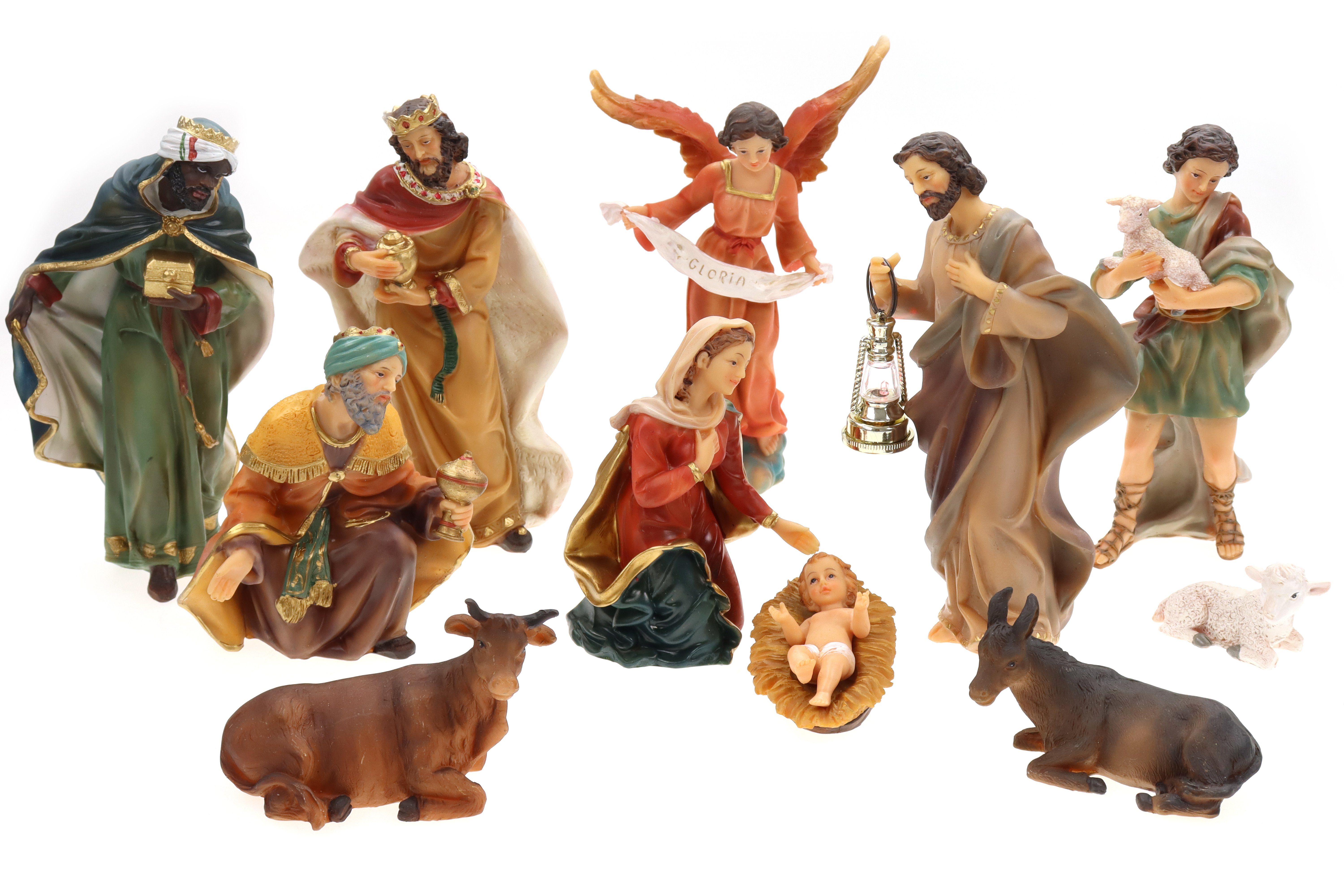 ELLUG Krippenfigur Krippenfiguren Set 11teilig, St) mit Laterne (11 Figuren Licht, Krippenzubehör aus bis Polyresin zu Weihnachtsdeko, Weihnachtskrippe Höhe 19cm