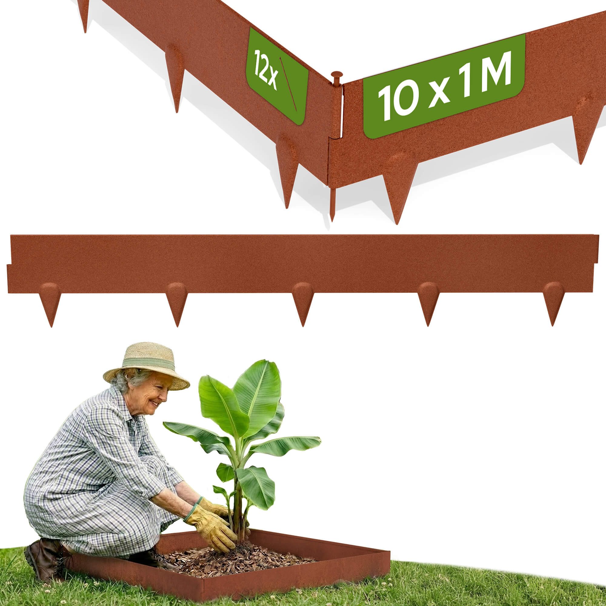 Arebos Rasenkante Cortenstahl Rasenkante 10m – flexible Beet & Rasenbegrenzung, Rostpatina, wetterfest, stabil, flexibel, einfache Montage