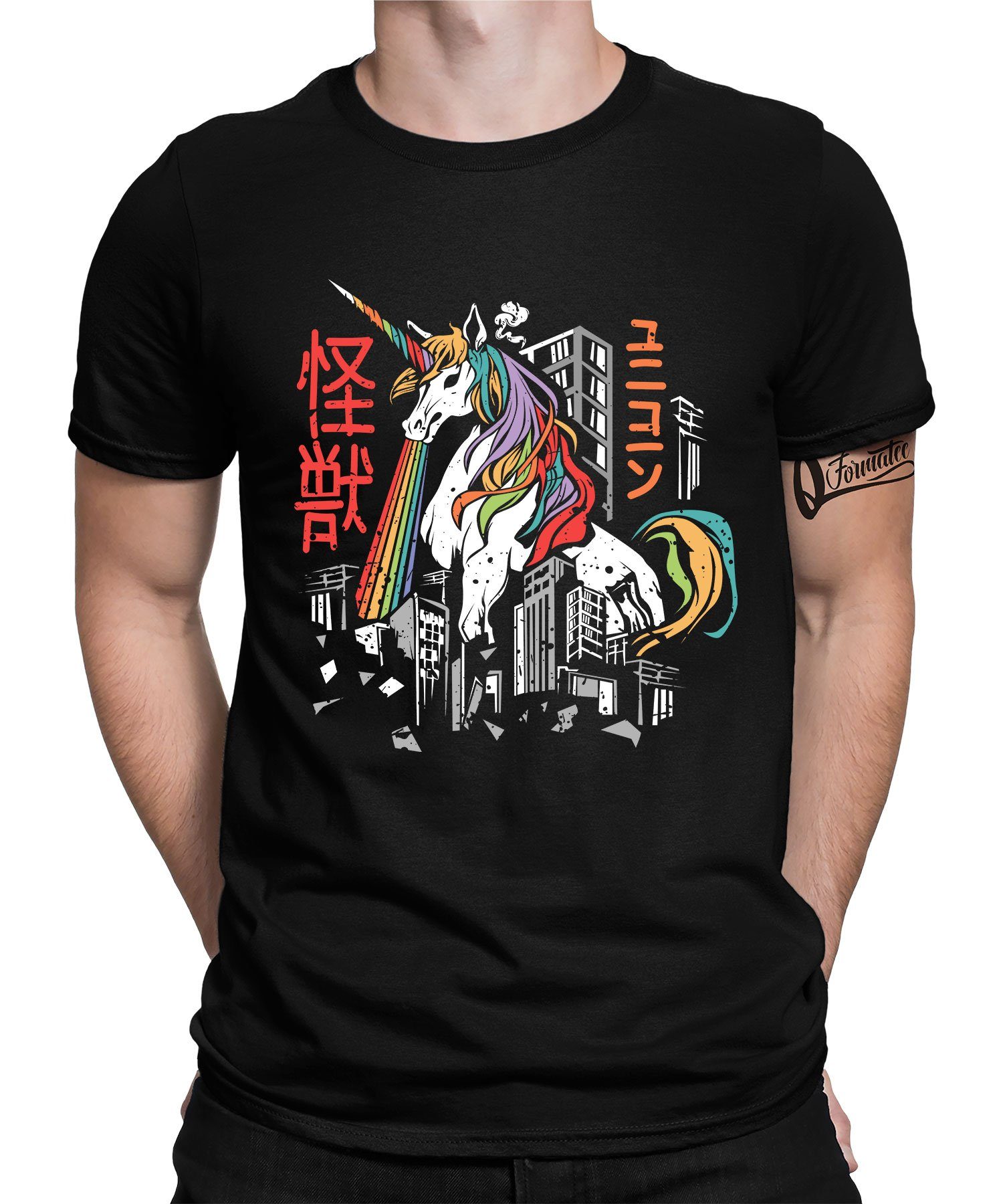 Quattro Formatee Kurzarmshirt Kaiju Einhorn Japanisches Monster Unicorn - Anime Japan Ästhetik Herre (1-tlg) Schwarz