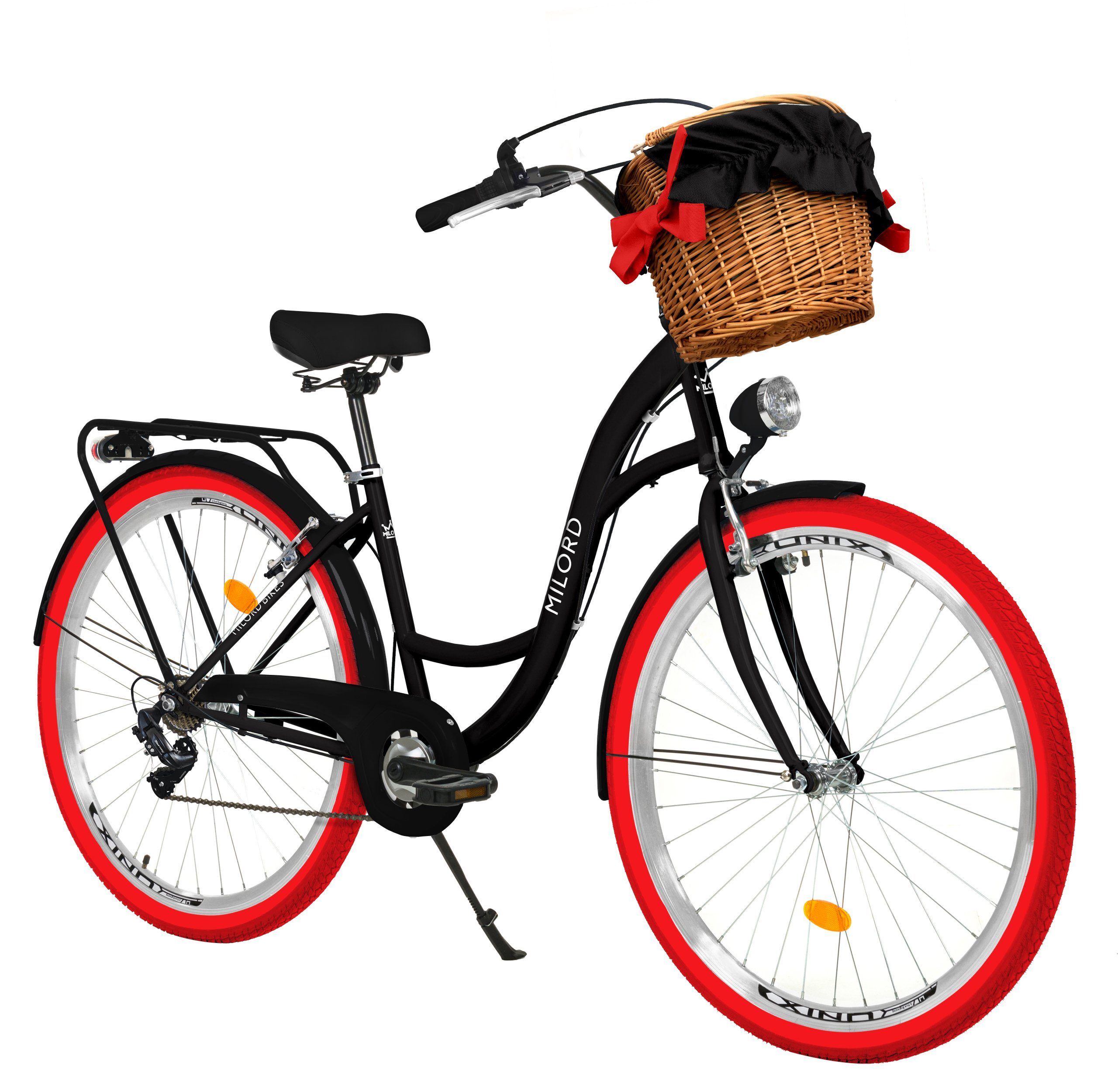 MILORD BIKES Cityrad Milord City Damenfahrrad Weidenkorb 28/26 Zoll, Schwarz-Rot, 7-Gang, 7 Gang, Kettenschaltung