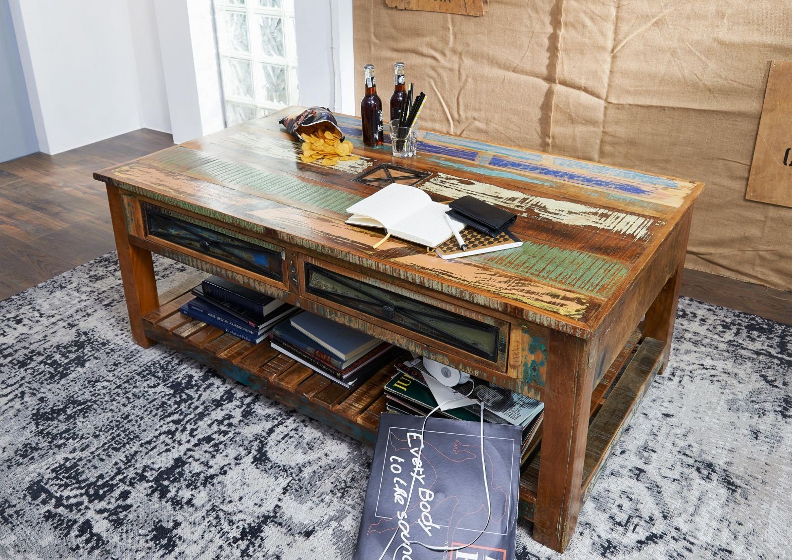 Massivmoebel24 Couchtisch Couchtisch Altholz 140x80x55 mehrfarbig lackiert NATURE OF SPIRIT #108