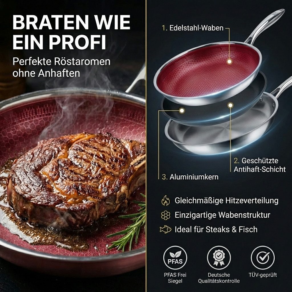 FIXLINE Bratpfanne 28cm BLACK FOREST Edition Kratzfeste Beschichtung Induktion, Edelstahl (Wabenboden, Pfanne), Perfekte Geschenidee