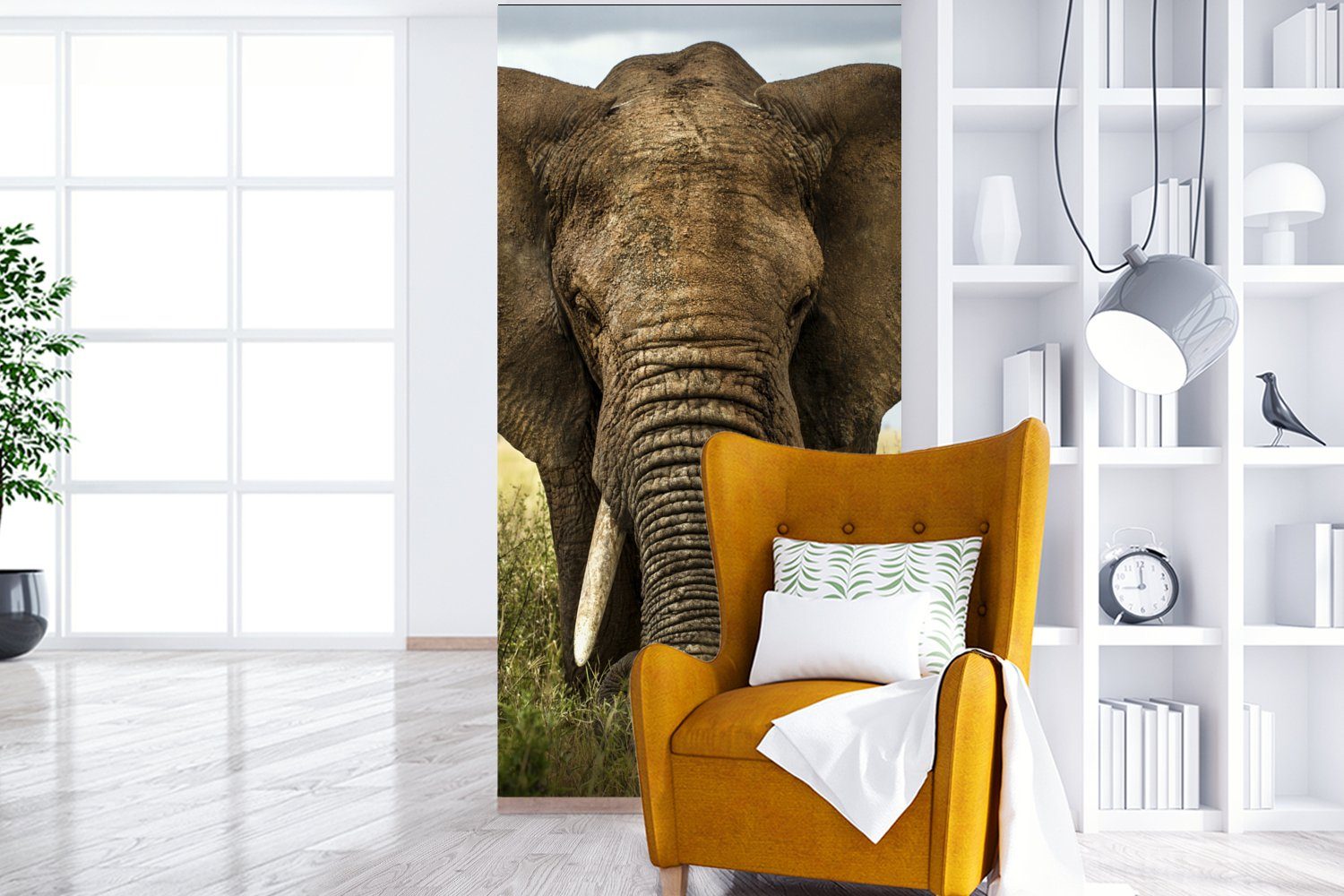 Fototapete St), Tiere - - Vliestapete Fototapete bedruckt, (2 Elefant Schlafzimmer für Natur Landschaft, Wohnzimmer Küche, Gras MuchoWow - - Matt,