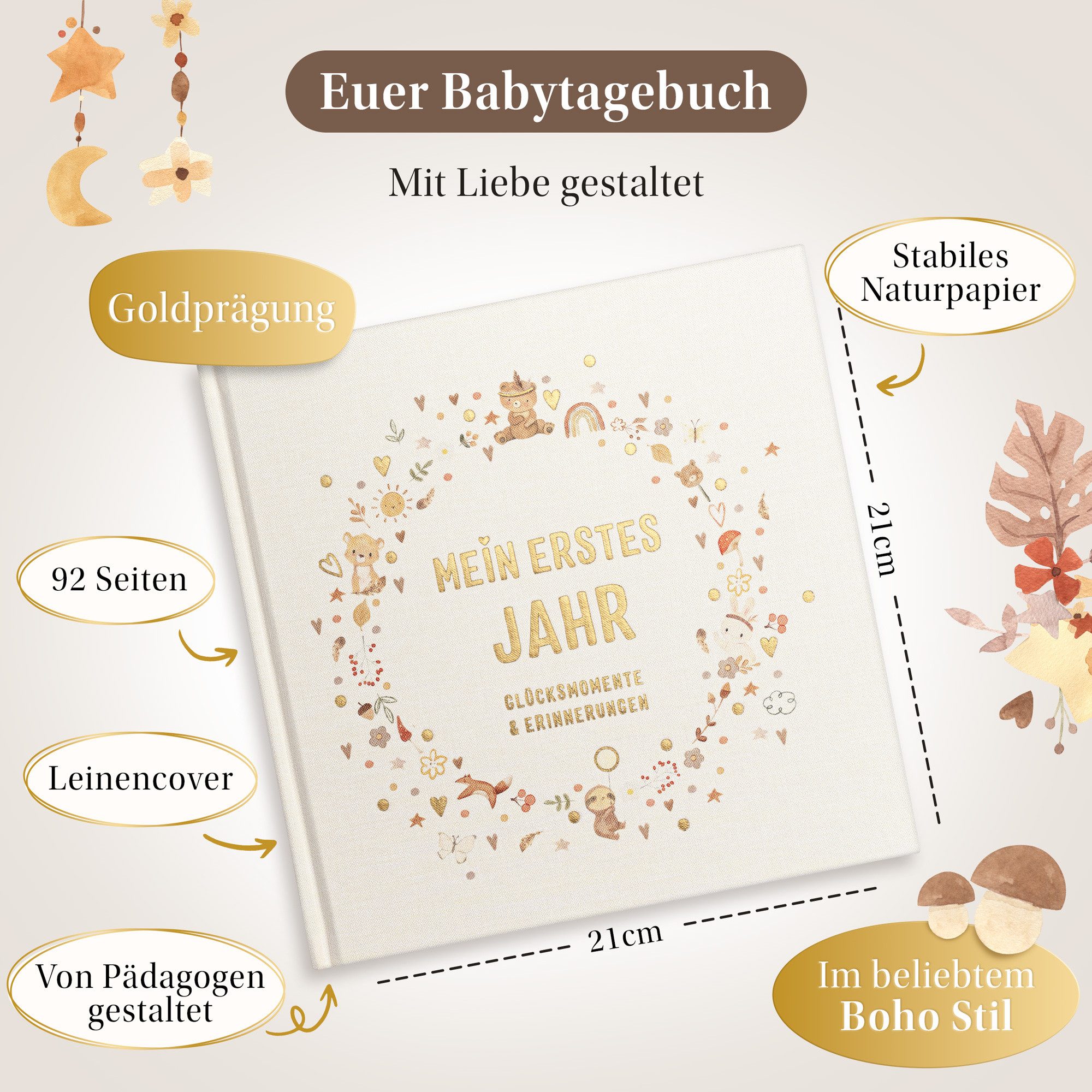 Eulentaler Tagebuch I Babyalbum mein erstes Jahr I Mit Leinen & Goldprägung, im Boho Stil, mit handgemalte Illustrationen & allen Meilensteinen