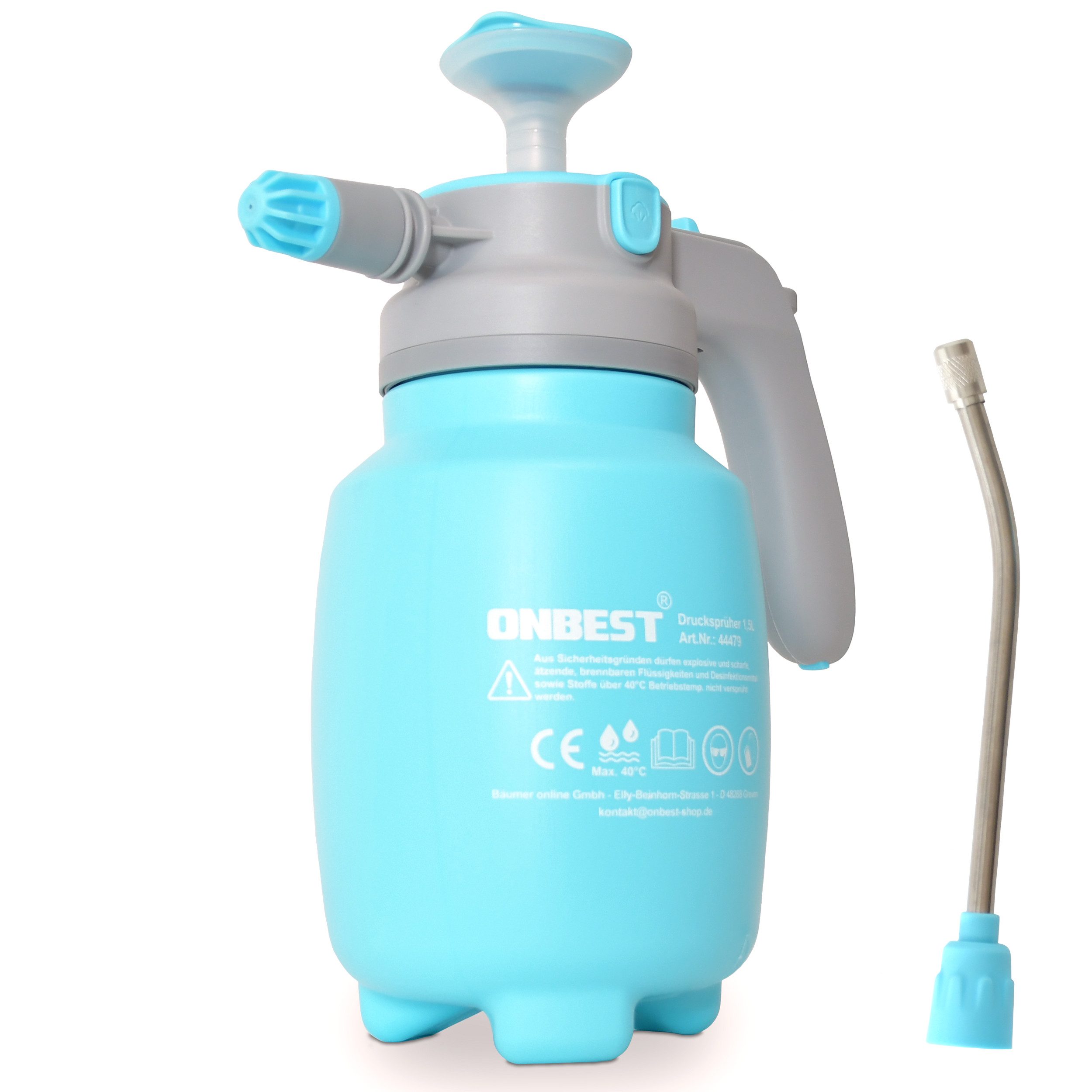 Onbest Drucksprühgerät 1,5 Liter mit Ersatz-Dichtring, Sprühlanze, Anti-Rutsch-Griff, Füllstandsanzeige, Entlüftungsventil, 0,52 kg, verstellbare Düse