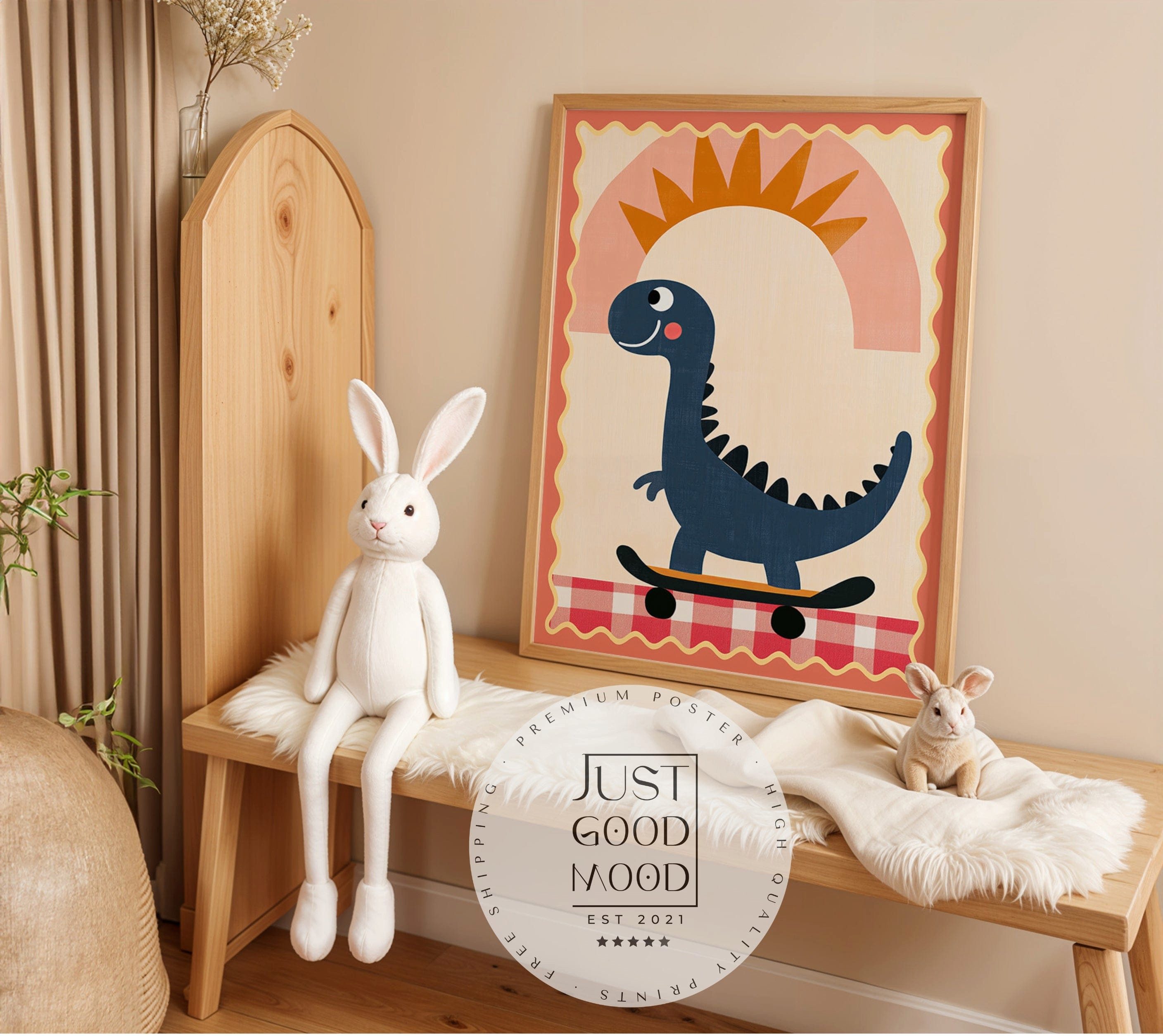 JUSTGOODMOOD Poster Kinderzimmer Dino Skateboard Sonne Lustiger Dinosaurier Boho Farben Ge, (1 St)