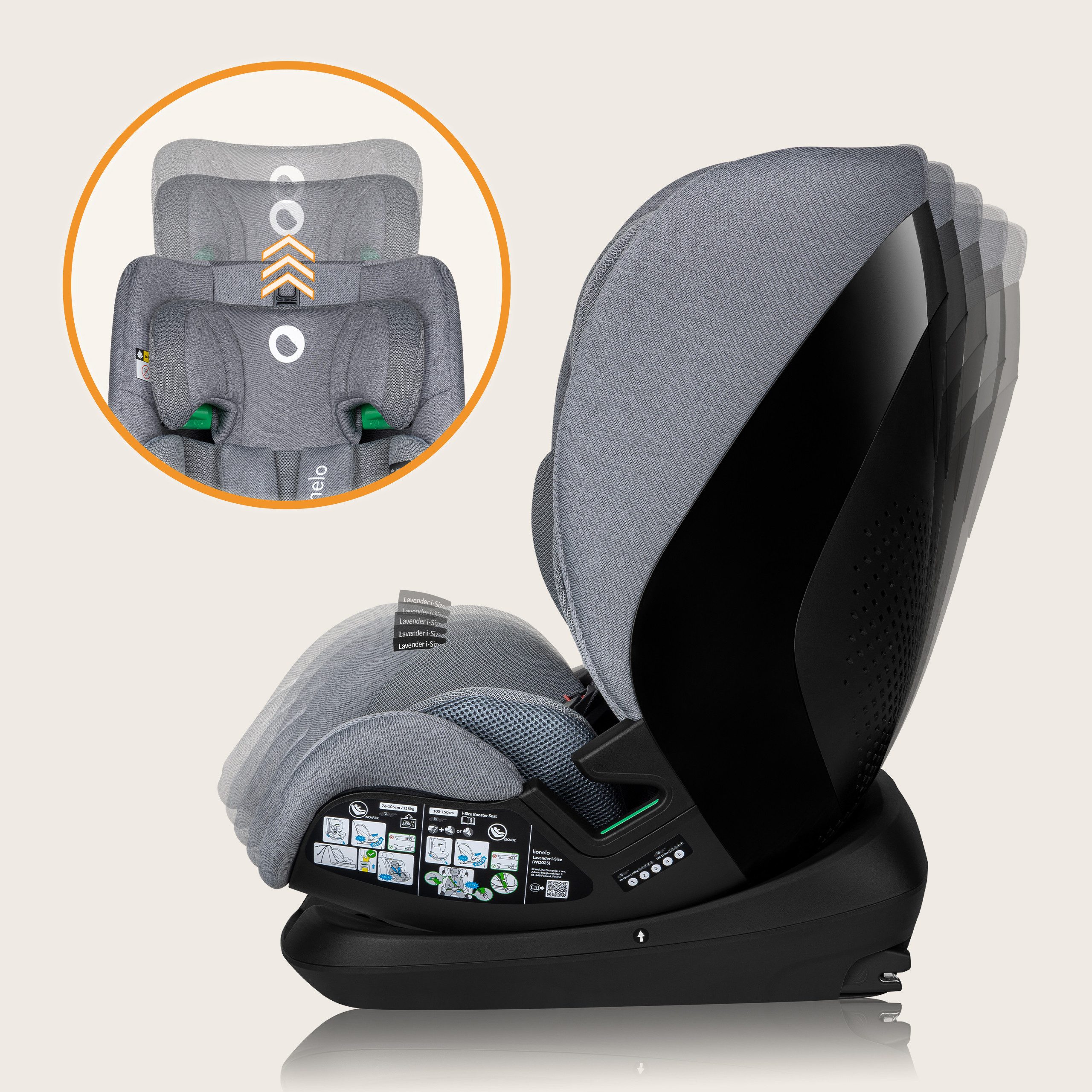 lionelo Autokindersitz LAVENDER I-SIZE, ab: ab 1 Jahr, bis: bis 12 Jahren, ab: 76,00 cm, bis: 150,00 cm, (Set), i-Size/9-36kg/ISOFIX/Breiter Einstellbereich