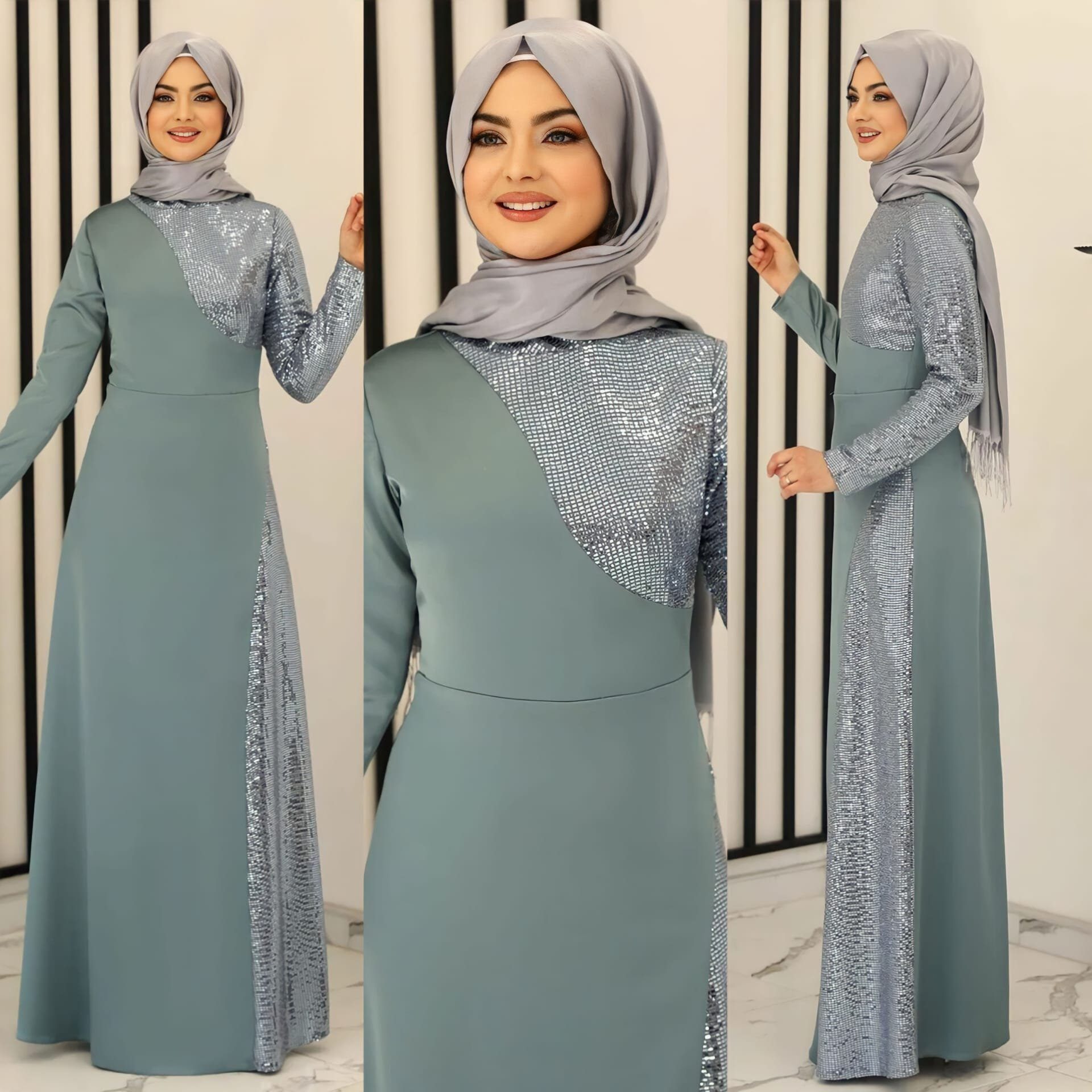 Modavitrini Paillettenkleid Damen Abendkleid Mint Maxikleid Hijab Kleid Abiye Abaya (DAMLA) Pailletten