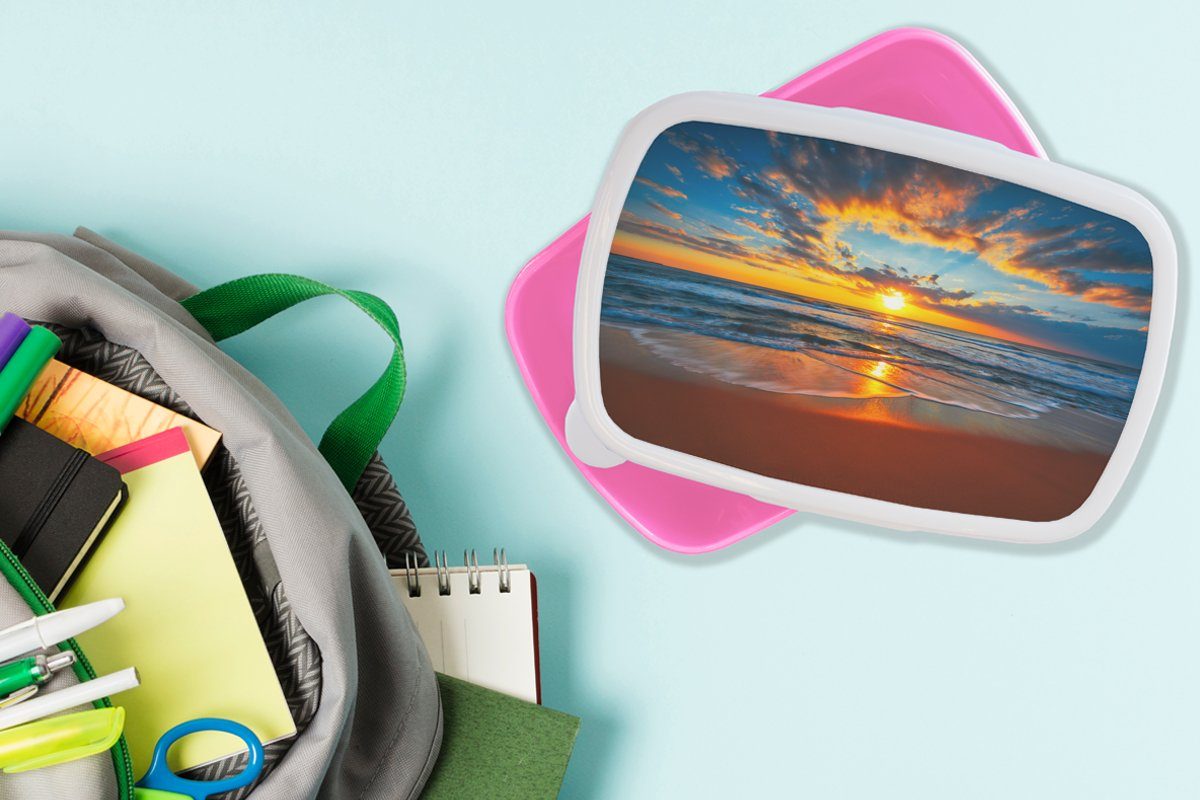 Kunststoff, (2-tlg), rosa Brotbox Kinder, Strand Kunststoff Lunchbox Brotdose Meer für Mädchen, - MuchoWow Wolken Erwachsene, - Orange, - Snackbox, Sonnenuntergang -