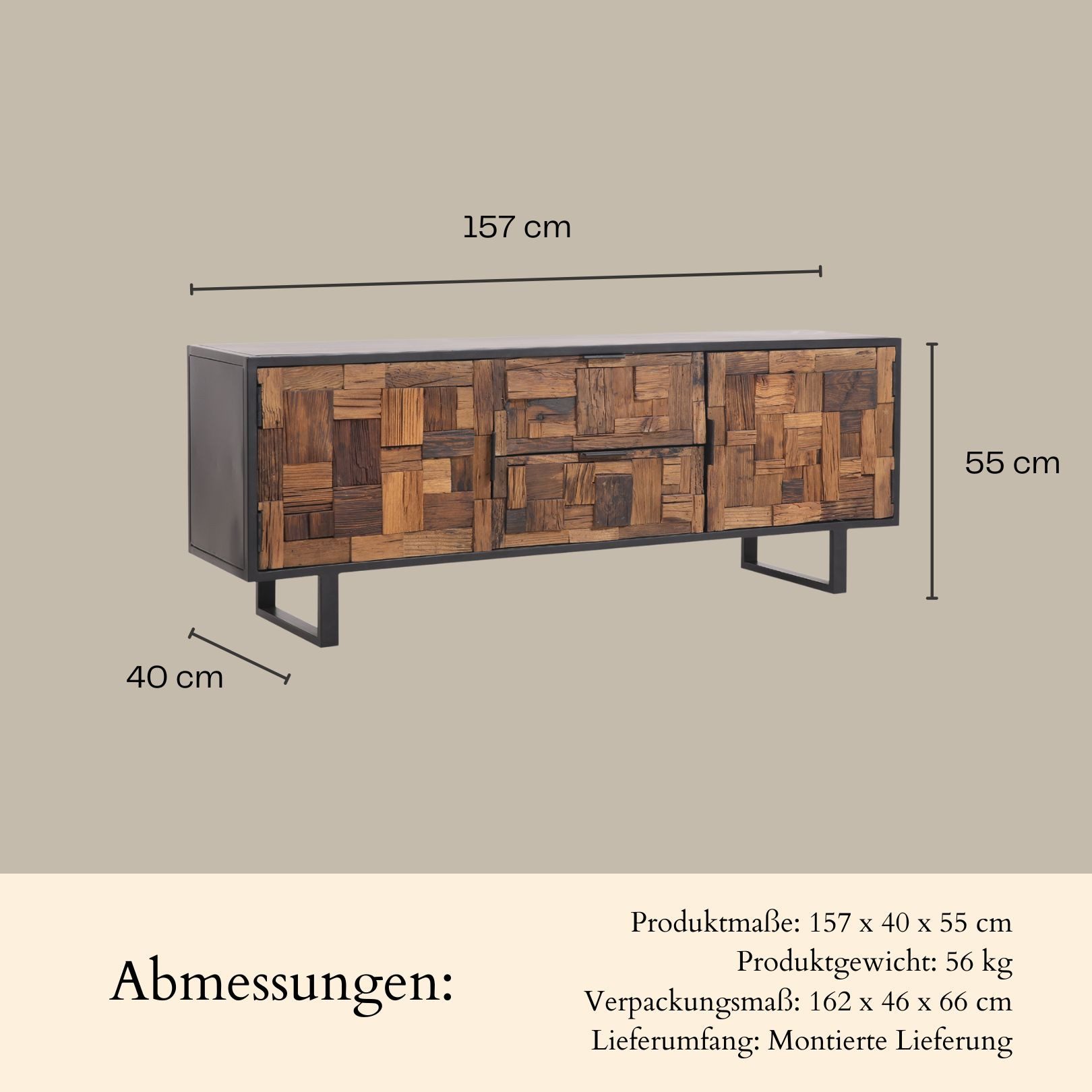 Marrakesch Orient & Mediterran Interior Lowboard Vintage TV-Lowboard Adaline handgemacht aus Metall Möbel massiv 157 cm (1 St), Handarbeit