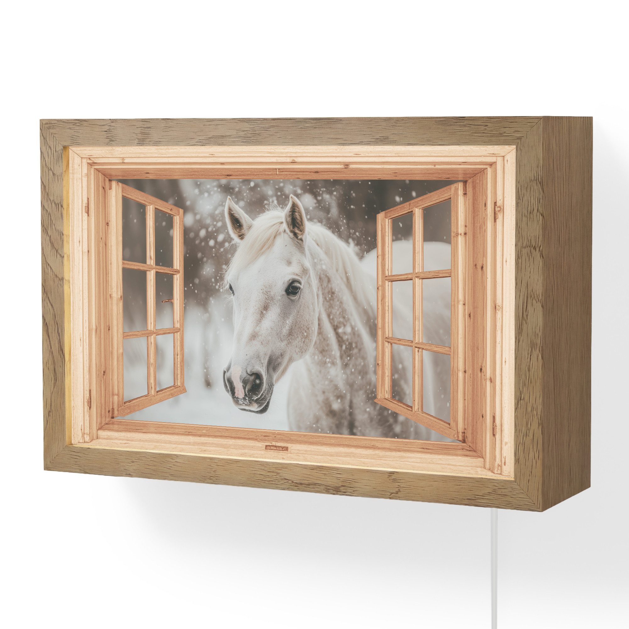 OnlyWow Wandleuchte Lightbox Fensterblick - Fenster - Pferd - Weiß - Winter - Tiere, Dimmbar, Farbwechsel, LED, Warmweiß, Kaltweiß, Neutralweiß Einstellbar, Wandlampe Innen, Dimmbar, mit Kabel, LED, Modern, Schlafzimmer