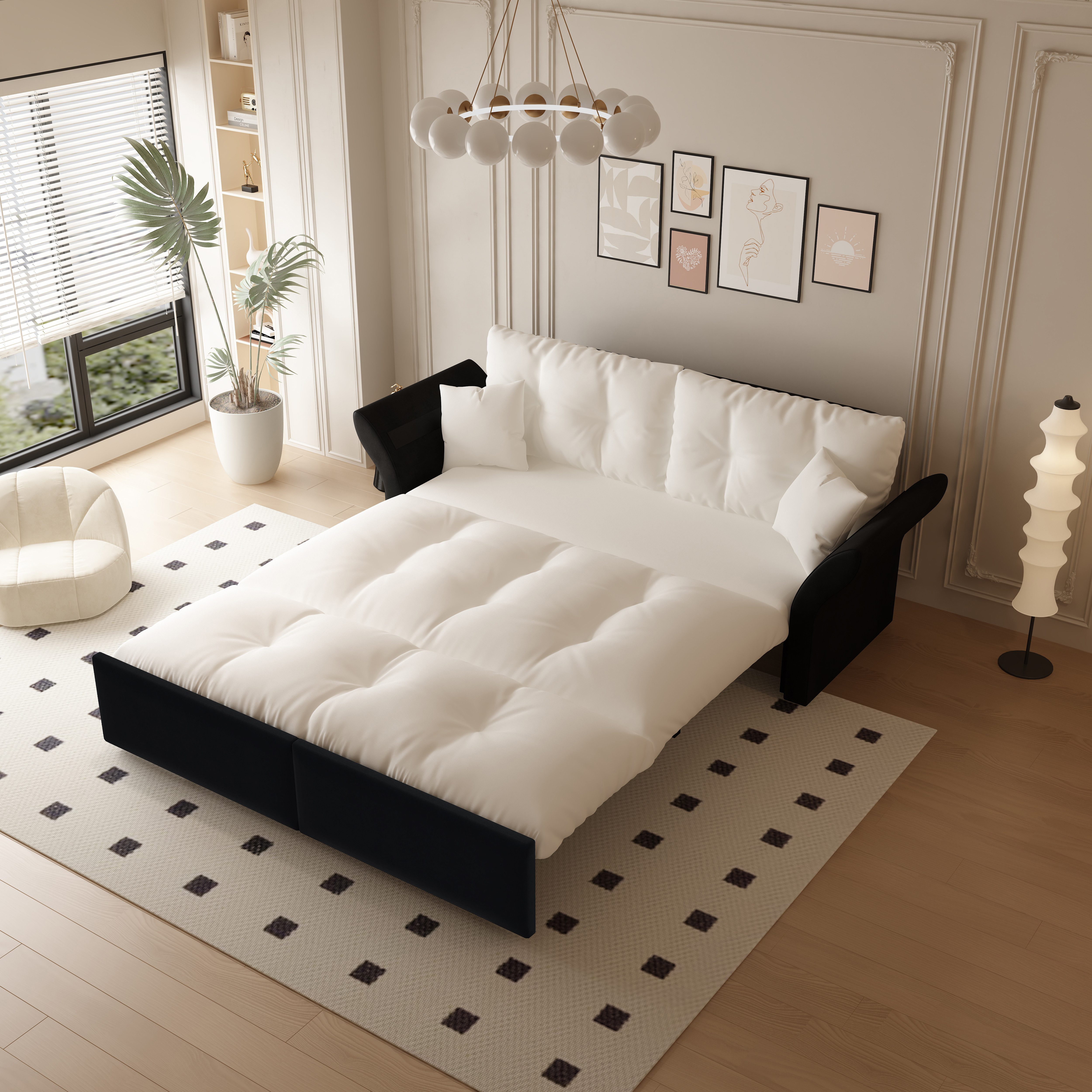 HAUSS SPOLE Schlafsofa 3-in-1 Queen-Size Loungesofa,Ausziehsofa mit Kissen,Beige/Weiß, Multifunktionelles Velourssofa-Bett mit stabilisierende Beine