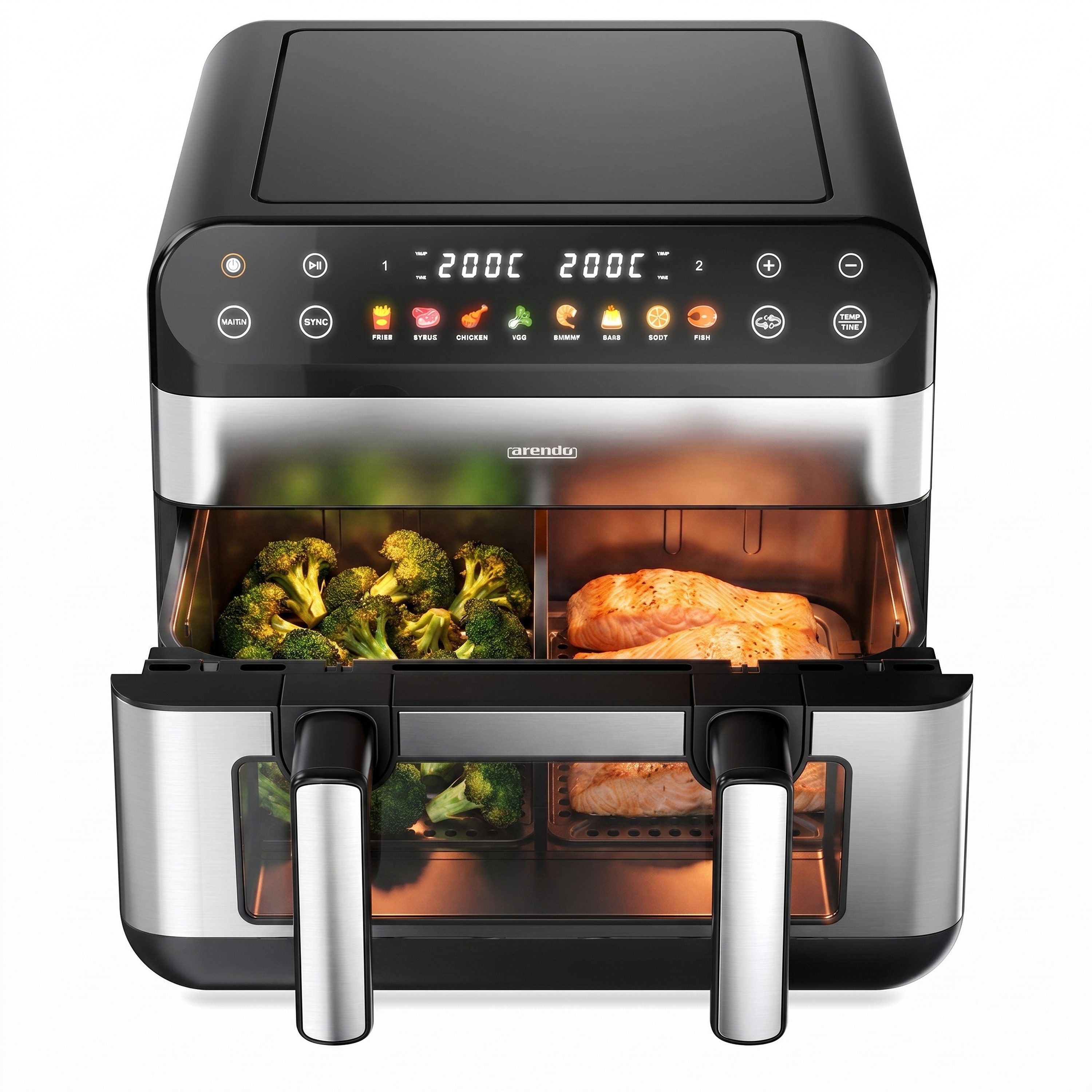 Arendo Heißluftfritteuse Airfryer XXL mit beleuchtetem Sichtfenster, Pre Heat & Turn-Food, 2400 W, mit Zubehör, Umluft Backofen, Sichtfenster Grill, Dörrautomat