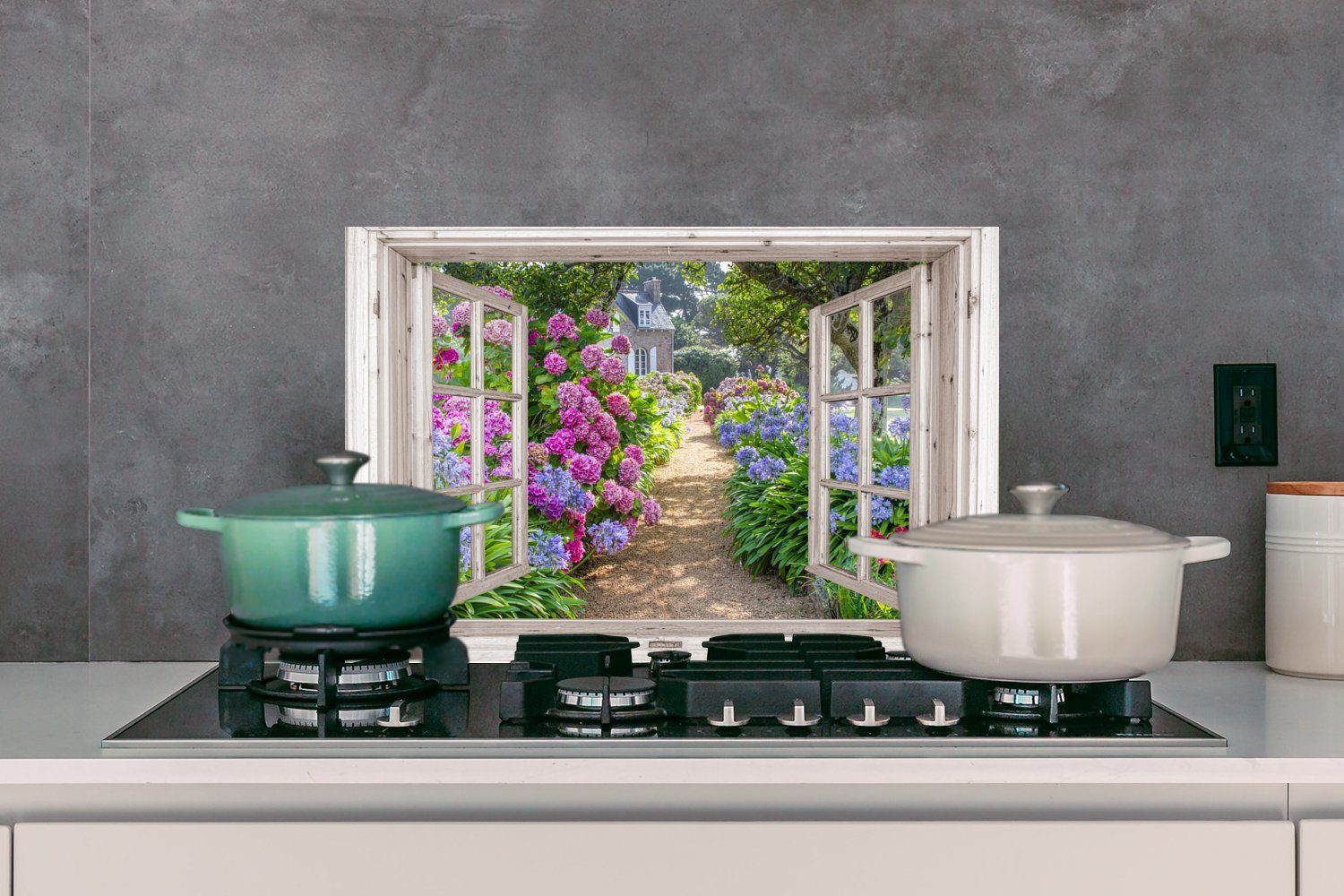 Herdblende Lila - Küchenrückwand (1-tlg), - - MuchoWow küchen 60x40 Hortensie Temperaturbeständig - - cm, Weg, Sommer Wandschutz, aus Durchsichtig Blumen