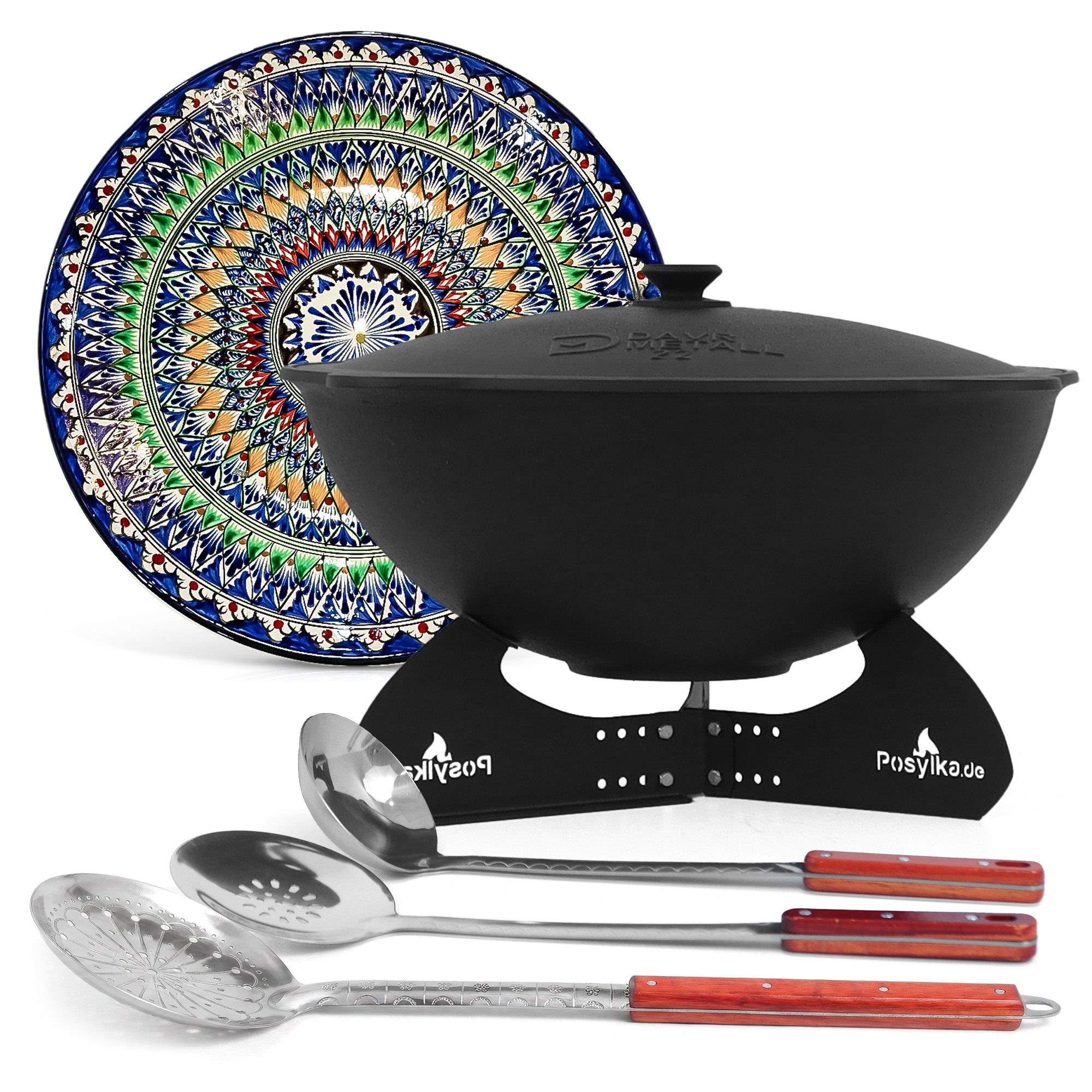 DAVR Metall Schmortopf Kazan 22 L Set 9-tlg. flacher Boden Lagan Ø 42 cm 3 Kellen Untersetzer, Stahl, Gusseisen, Keramik, Aluminium, Edelstahl, Kunststoff (9-tlg), Dickwandig