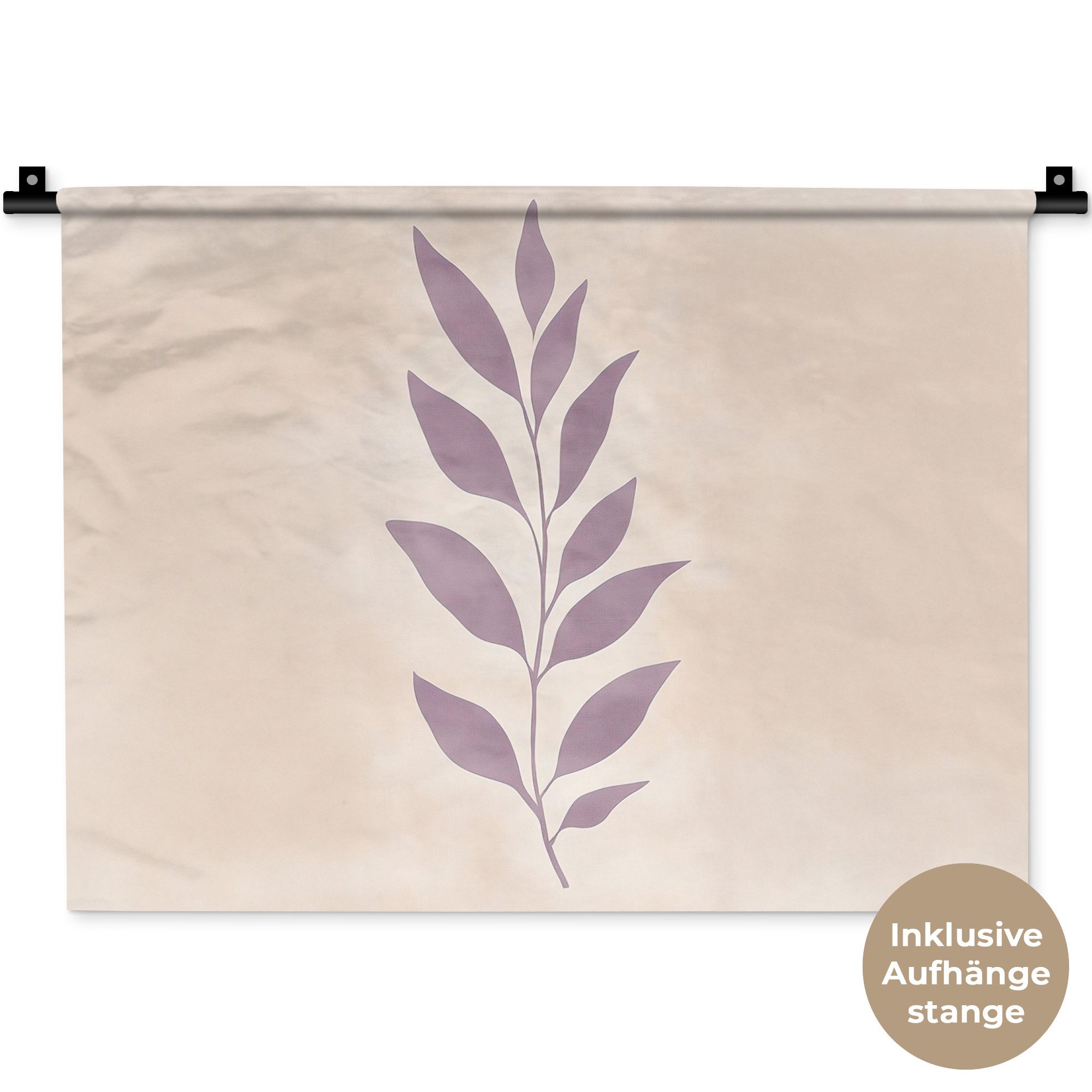 MuchoWow Wandteppich Zweig - Blätter - Minimalistisch - Beige, Rechteckig, Höhe: 3 mm, Wanddeko Teppich Wohnzimmer, Schlafzimmer, 60x45 cm