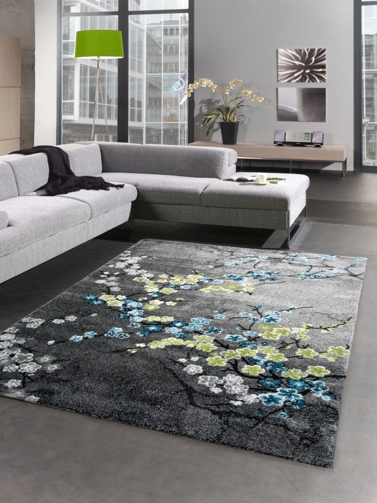 Teppich Designer Teppich Kurzflor Wohnzimmerteppich Blumen grau türkis blau, Carpetia, rechteckig, Höhe: 13 mm