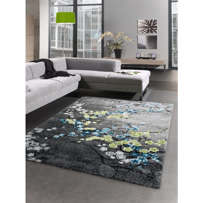 Teppich Designer Teppich Kurzflor Wohnzimmerteppich Blumen grau türkis blau Carpetia rechteckig Höhe: 13 mm