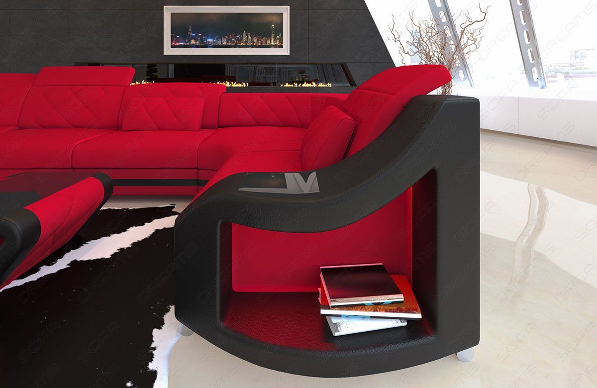 Sofa M Wohnlandschaft Designersofa Dreams Couch Polsterstoff mit rot-schwarz Bettfunktion U Sofa Stoffsofa, Form wahlweise Mikrofaser Swing