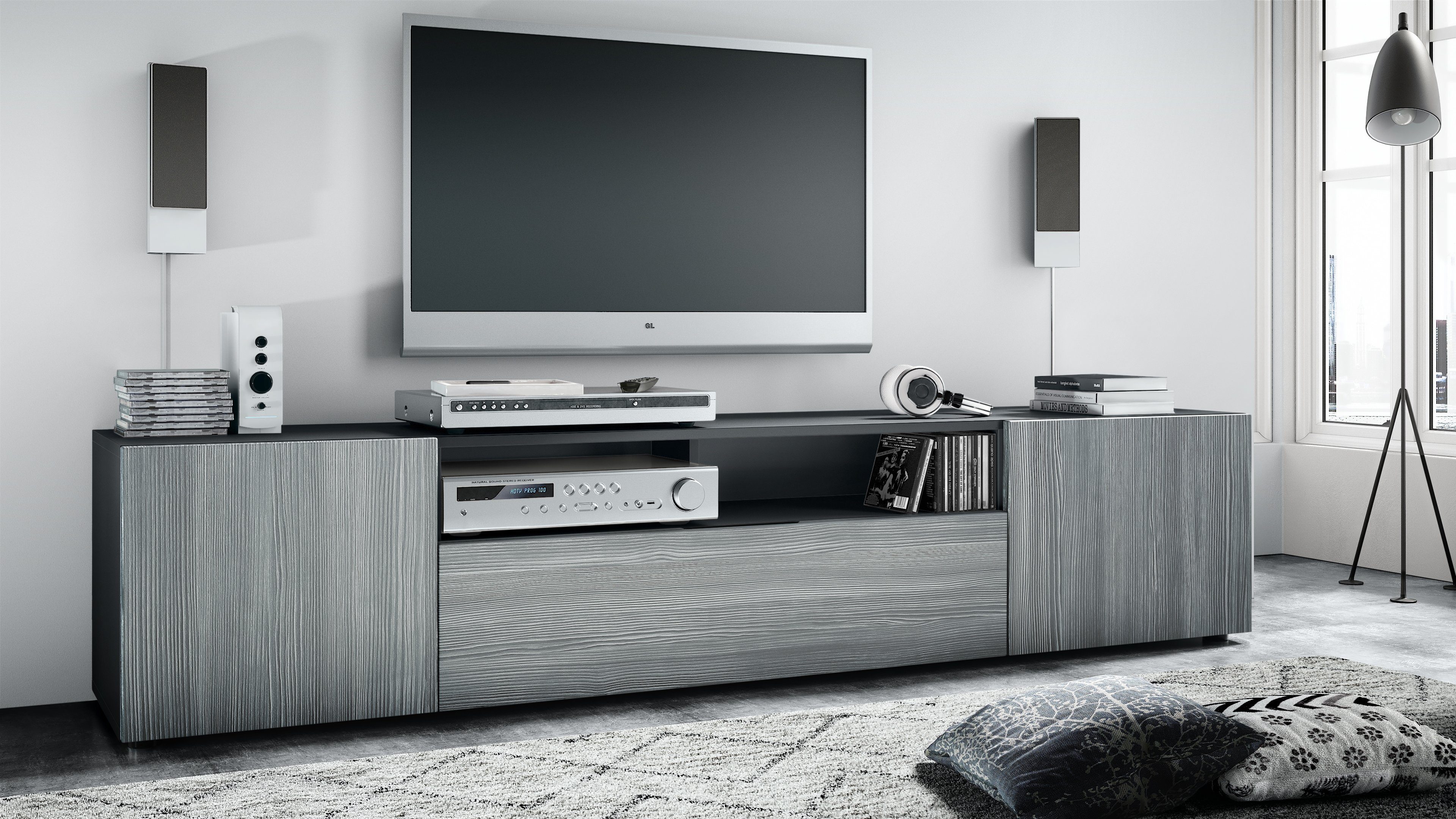 Vladon Lowboard Mogan (TV-Kommode, mit 2 Türen, 1 Klappe und 1 offenes Fach), Schwarz matt/ Avola-Anthrazit (181 x 39 x 35 cm)