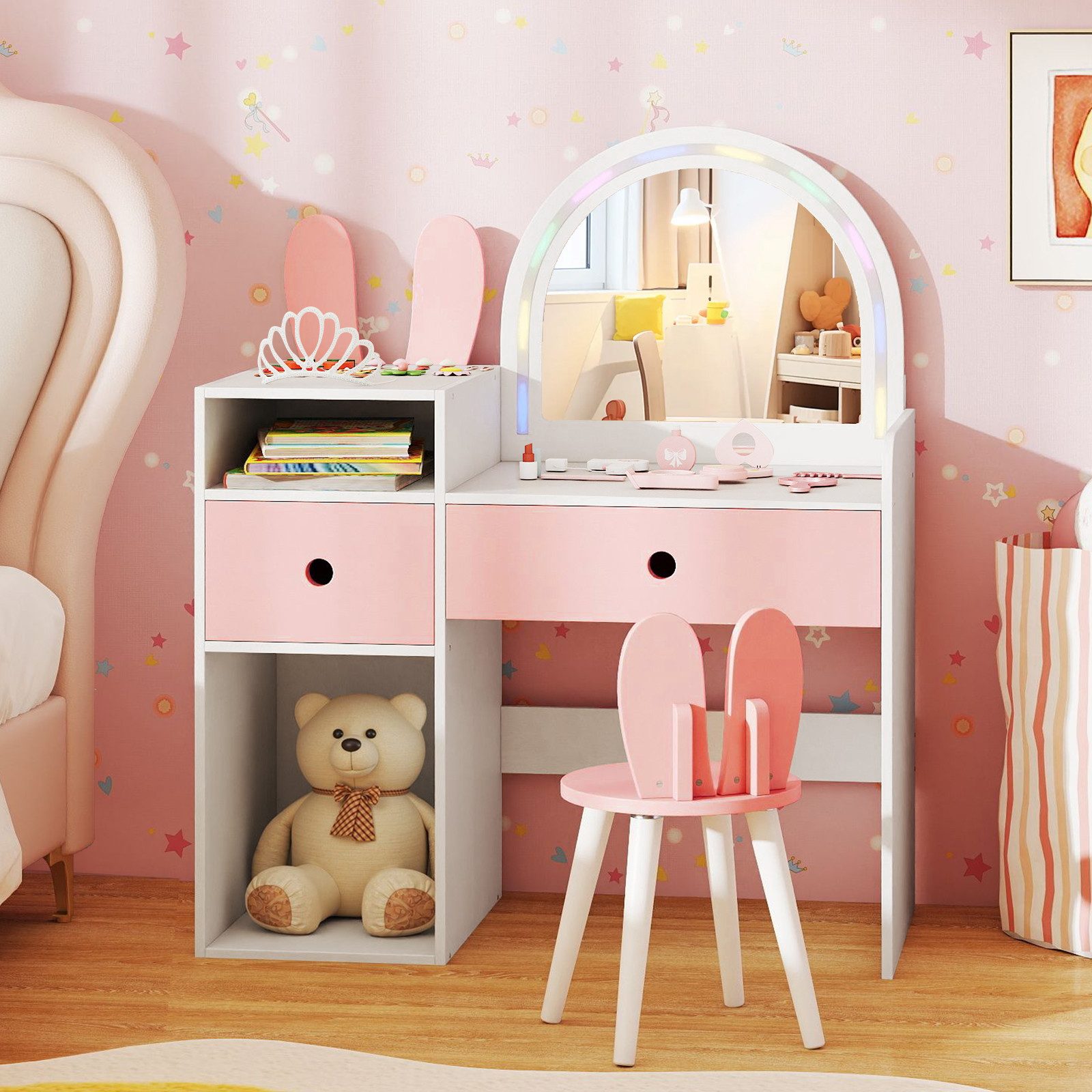 COSTWAY Schminktisch (2-St), Kosmetiktisch Stuhlset Kinder mit Spiegel günstig online kaufen