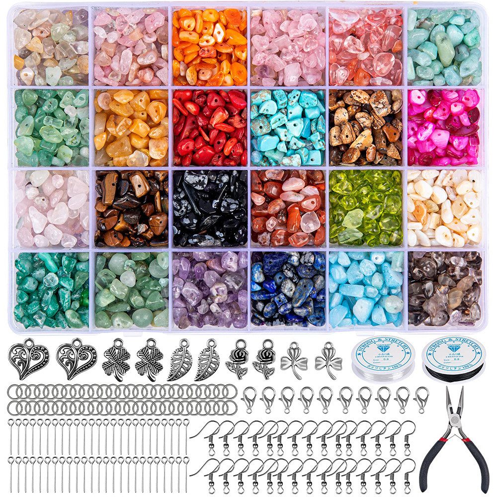 CLTYQ Ketten und Armband Set 24 Farben Natürliche Edelstein-Perlen,5–7 mm Steinperlen, 1073 Stück (1073-tlg), DIY-Set,Ohrringe und Schmuckherstellung,unregelmäßige Edelstein