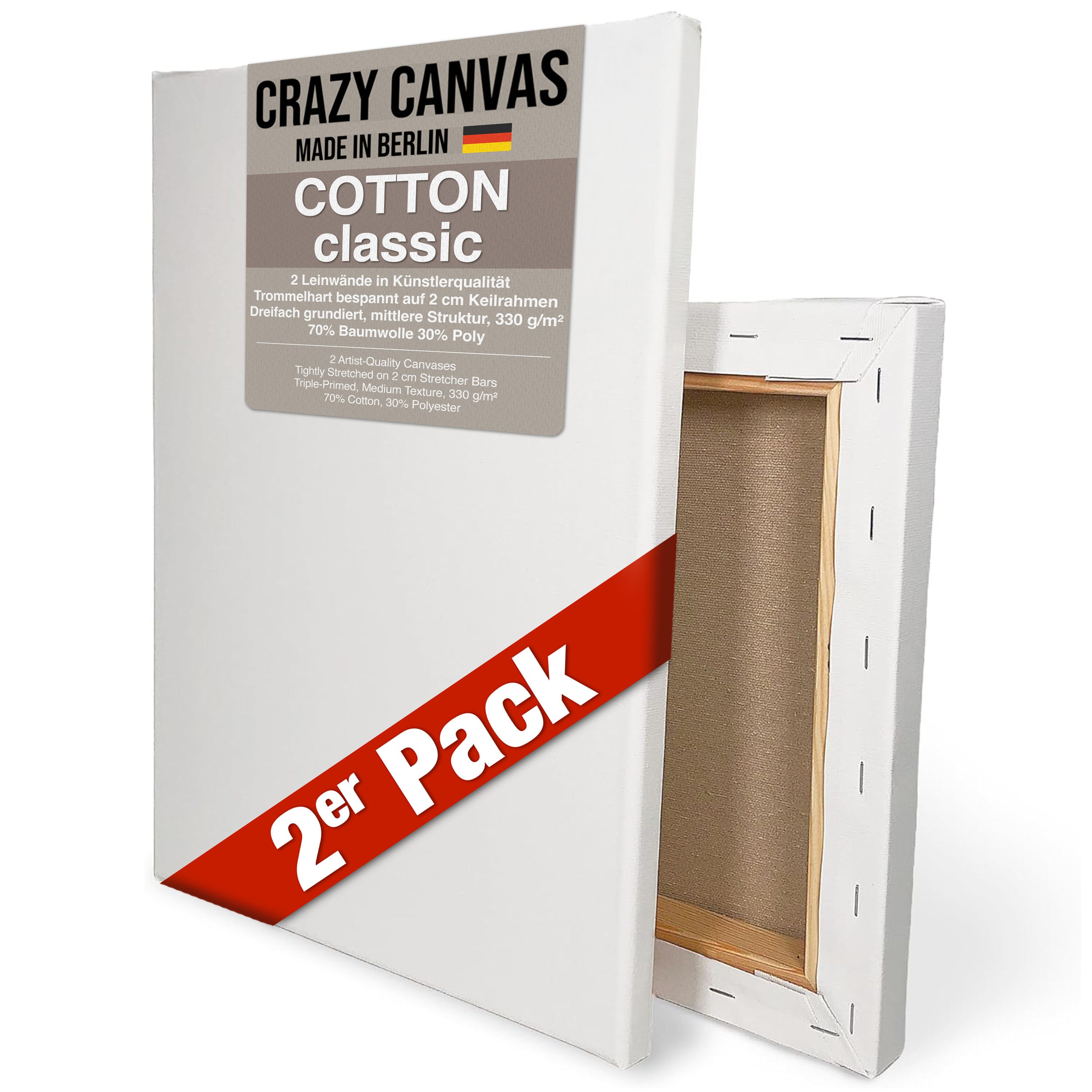 Crazy Canvas Leinwand Cotton Classic 30x30 cm, 2er Pack, mittlere Struktur, versandfrei, dreifach grundiert, 330 g/m², mittlere Struktur, Made in Berlin