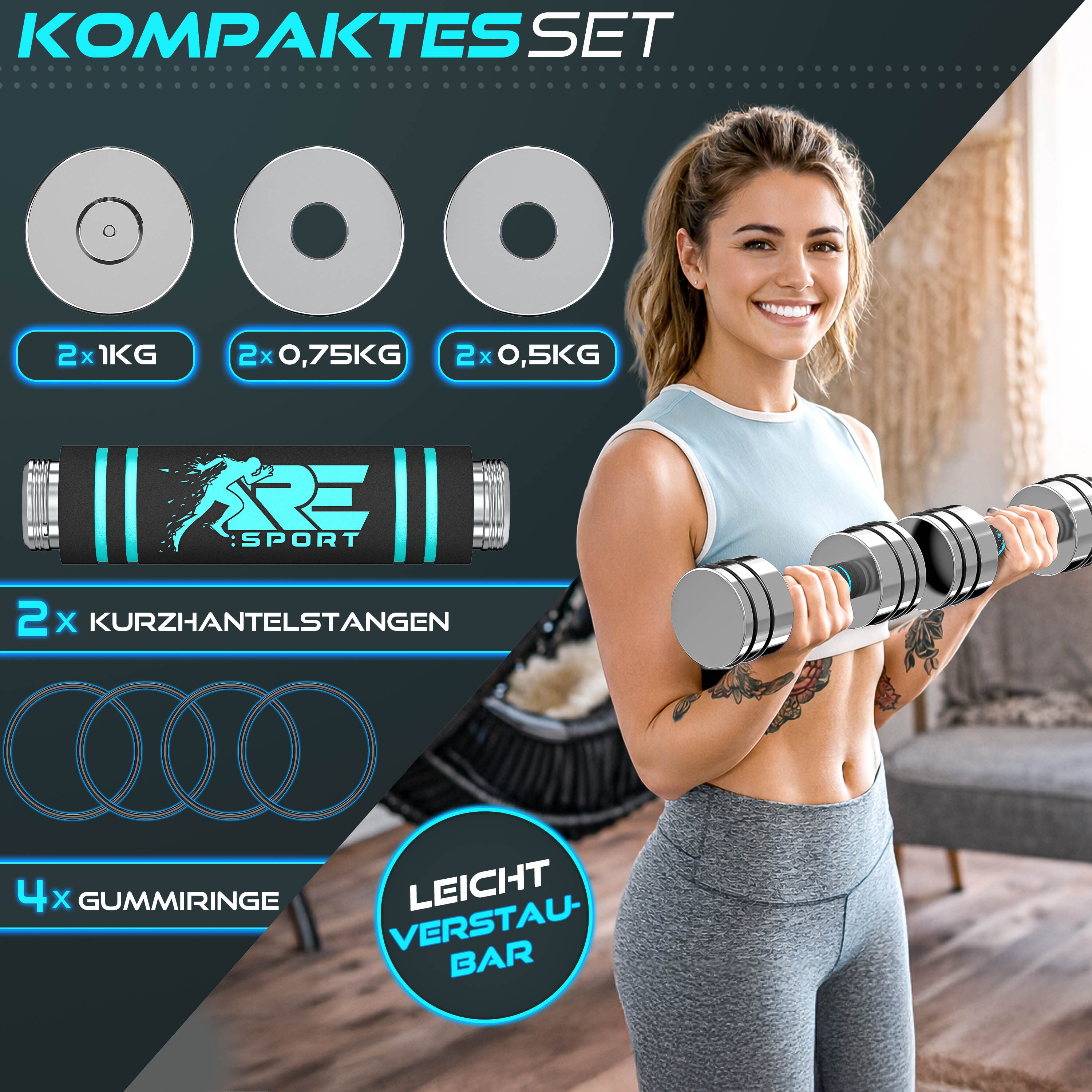 RE:SPORT Gartentisch RE:SPORT® 2er Hanteln Set aus massivem Stahl 2,5/5/7,5/10 kg, Hantel (Kurzhanteln Home Gym, Krafttraining & Muskelaufbau, Fitness Kurzhante – Bild 4 von 5