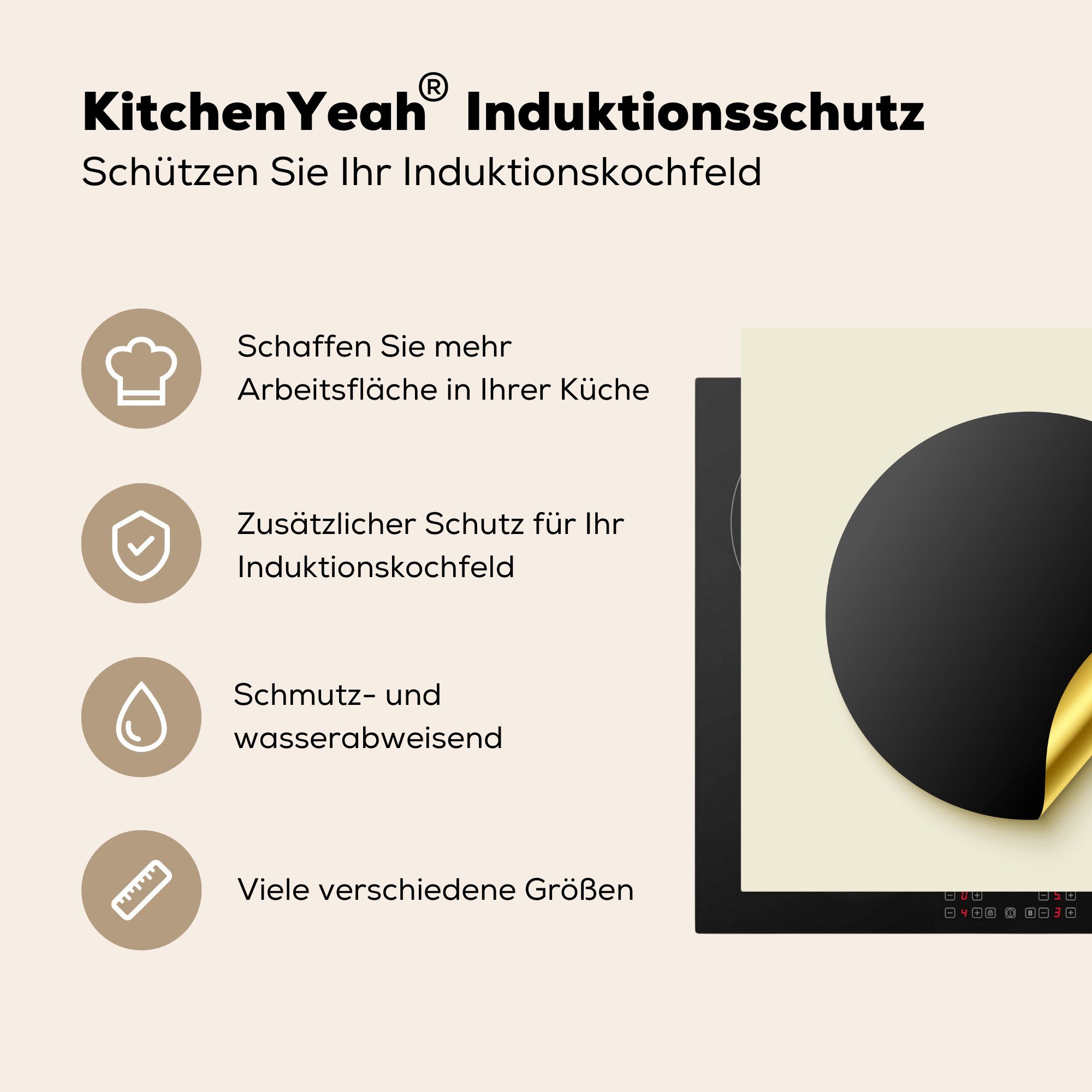 für - (1 Herdblende-/Abdeckplatte küche tlg), - Arbeitsplatte Vinyl, cm, Aufkleber MuchoWow Schwarz, 78x78 Gold Ceranfeldabdeckung,