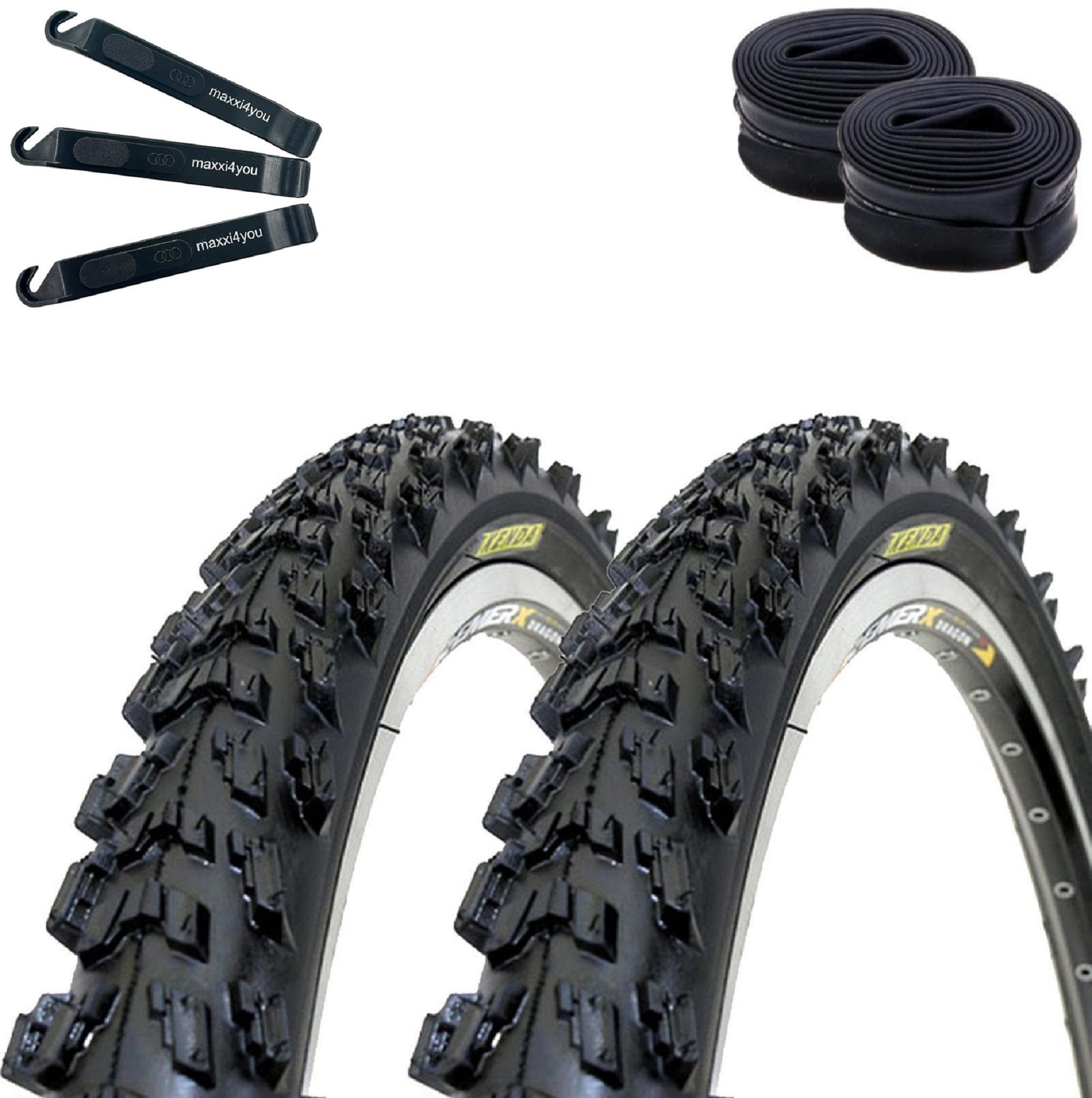 maxxi4you Fahrradreifen 2 x Kenda K-829 Psycho MTB 24 x 1,95 (50-507) Schwarz + 2 x AV inkl RH