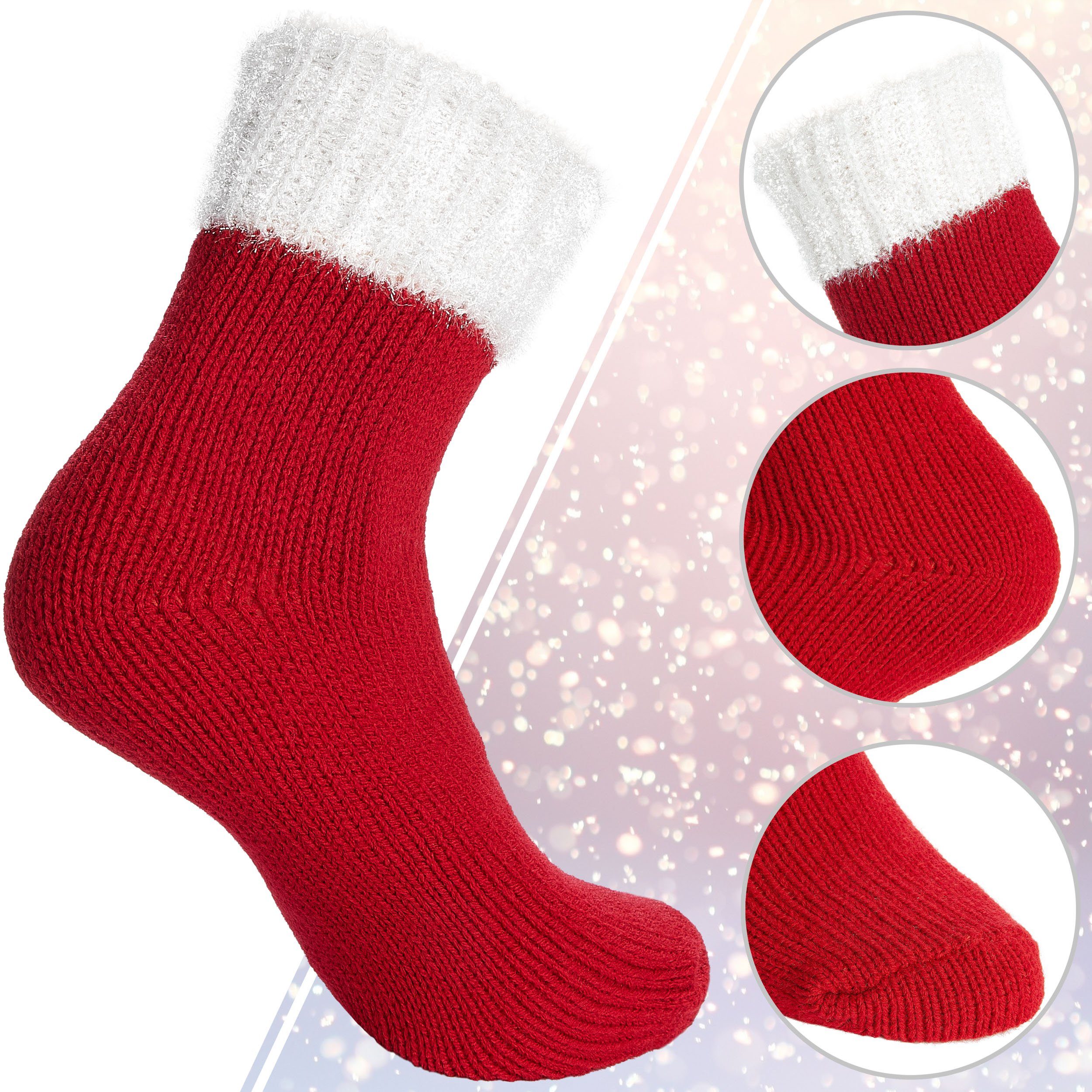 Kuschelsocken Wintersocken Socken BRUBAKER (2-Paar, Weihnachten) flauschige Pack Bund Damensocken Glitzer - mit - Bettsocken Frauen Rot 2er Bequem Damen Warme - Weihnachtssocken Socken